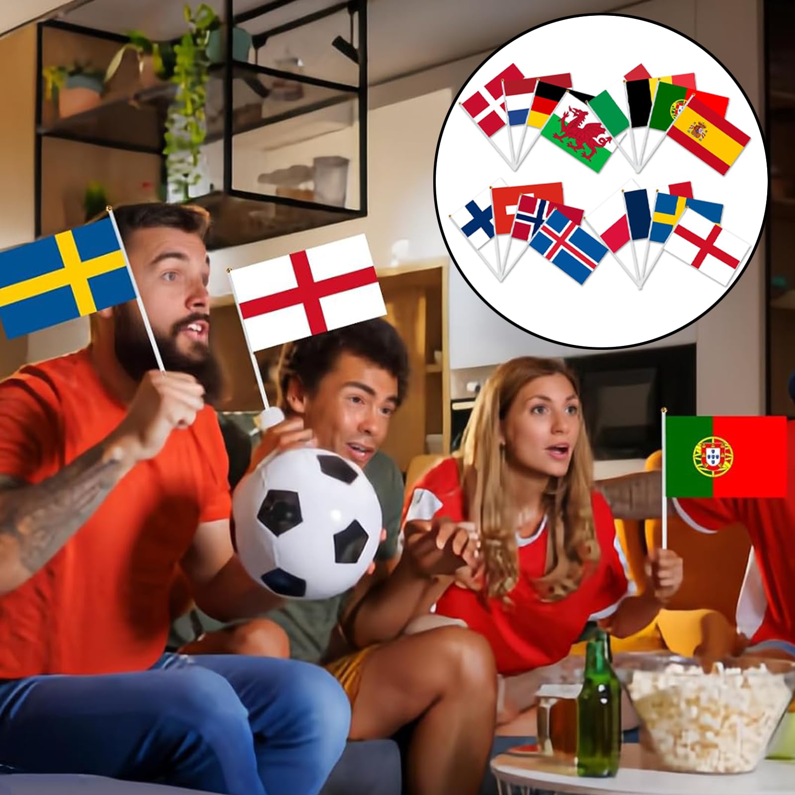 Banderas de 16 Naciones en Palo para Decoración de Fútbol Europeo Femenino 2025, Banderitas de 14 x 21 cm, Fiestas, Eventos y Celebraciones Deportivas