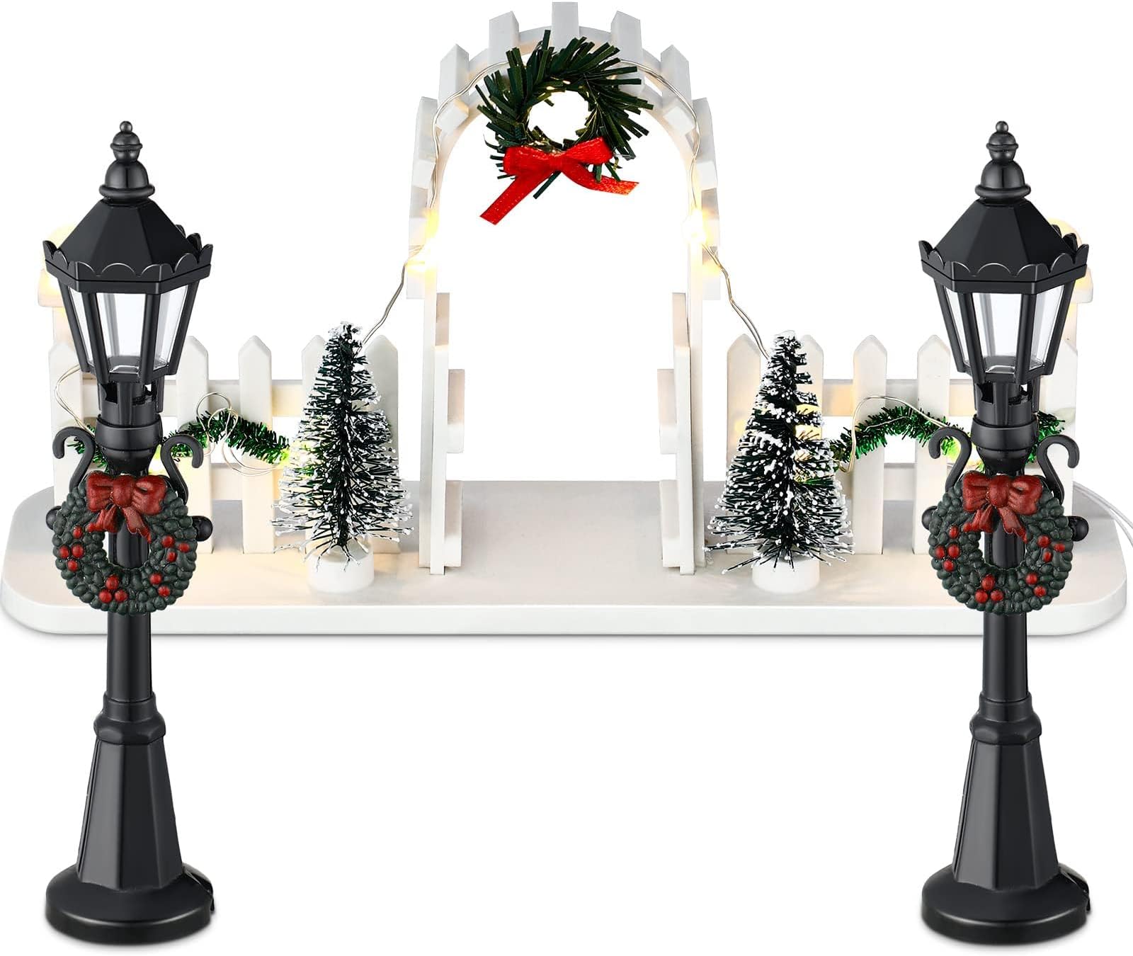 Zhengmy 3 Christmas Village Sets, 2 Miniature Street Lights for Mini Lamp Decorative Dollhouse Streetlight, and Gate Lit Figurine Landscape Fence with LED