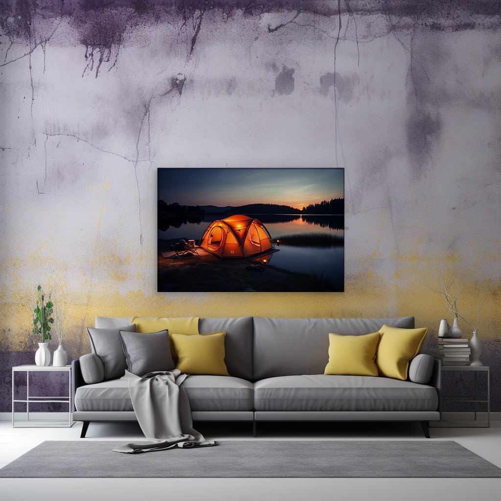 Canvas for Living room. Camping Serenity by the Lake: An Evening of Peaceful Glow, 27 x 18 inch Canvas Wall Art - Tranquil Environments - Modern Home Decor