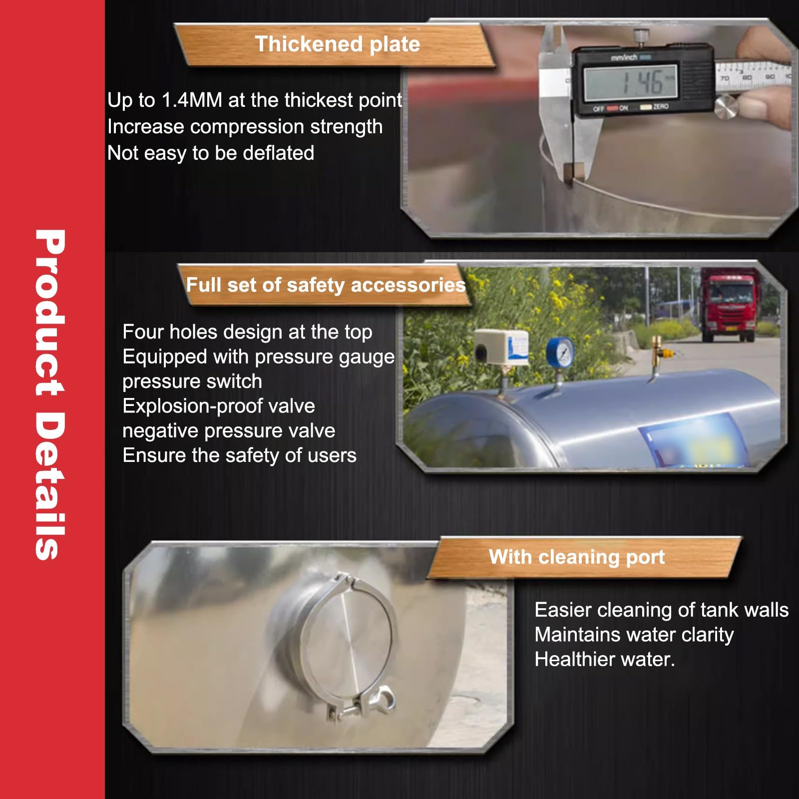 Depósito de Presión Automático Horizontal con Orificio de Limpieza | Acero Inoxidable 304, Kit de Instalación, Sistemas de Pozo, Bomba, Parque, Hogar(250L/66gal)
