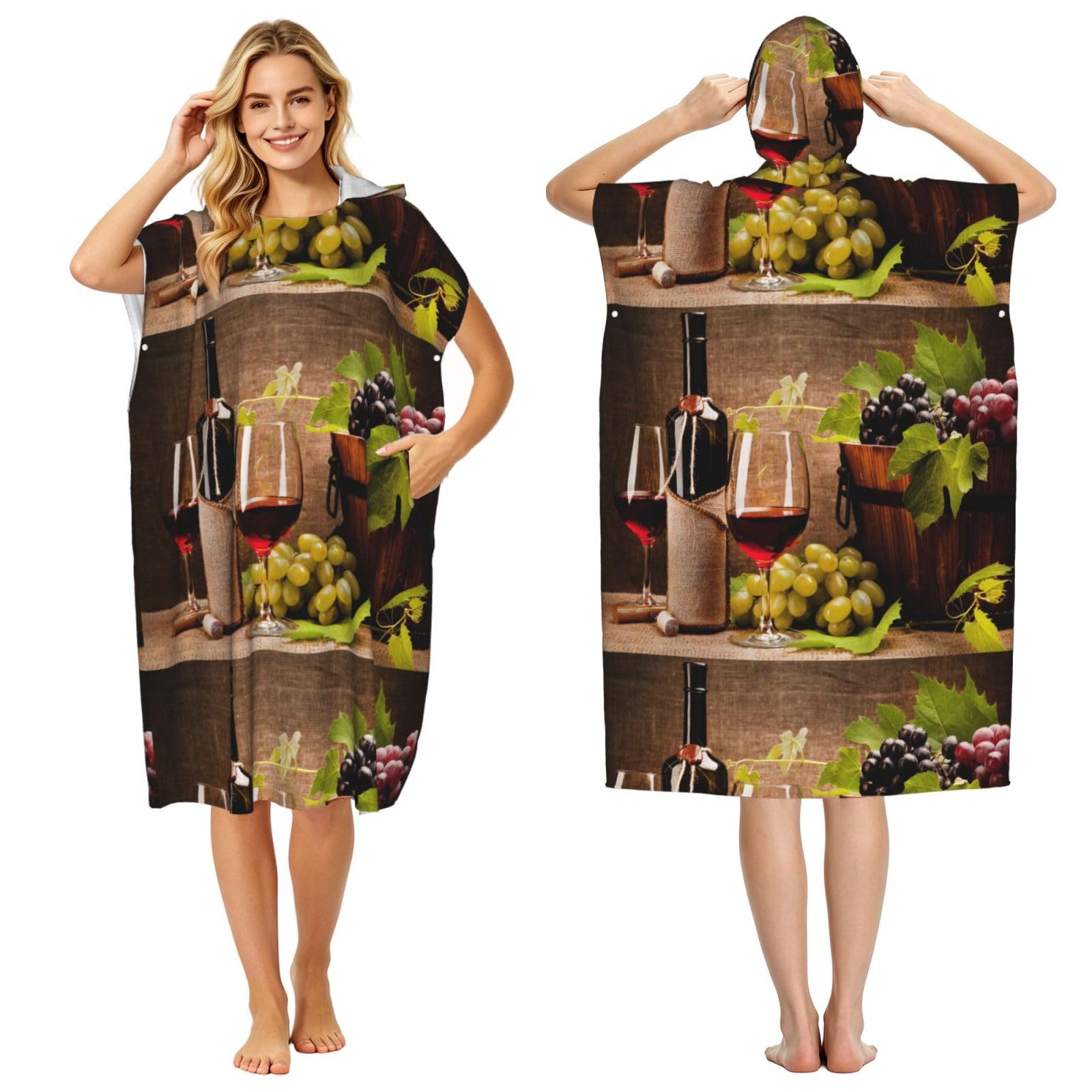 Poadnly Glasses Of Wine With Wine Bottle And Grapes, Adult Hooded Beach Towel 90 x 110 cm,Changing Bath Robe, Surf Poncho Towel For Women Men