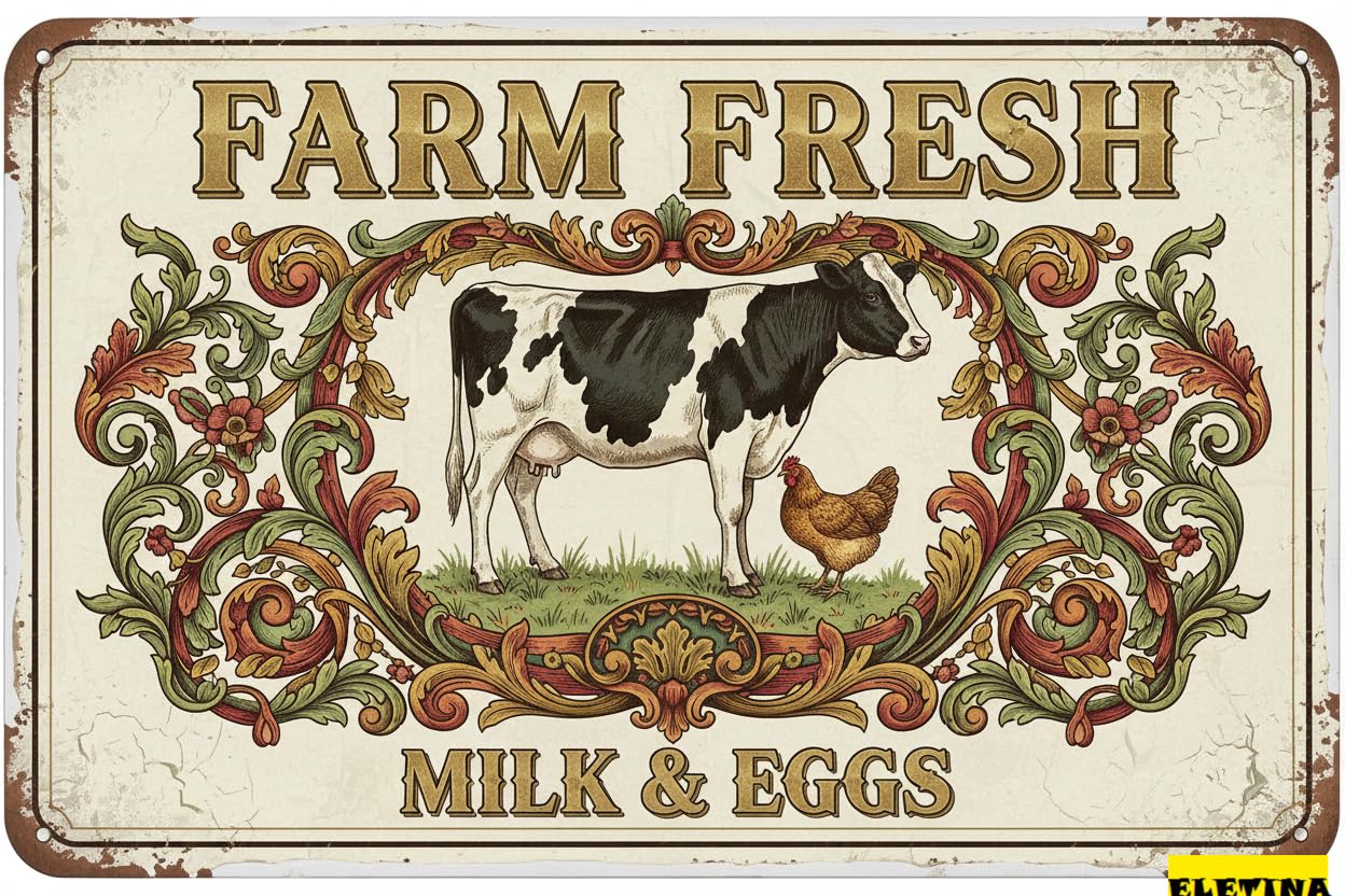 Farm Fresh Cow Chicken Milk Eggs Tin Sign, 12x8 Inch