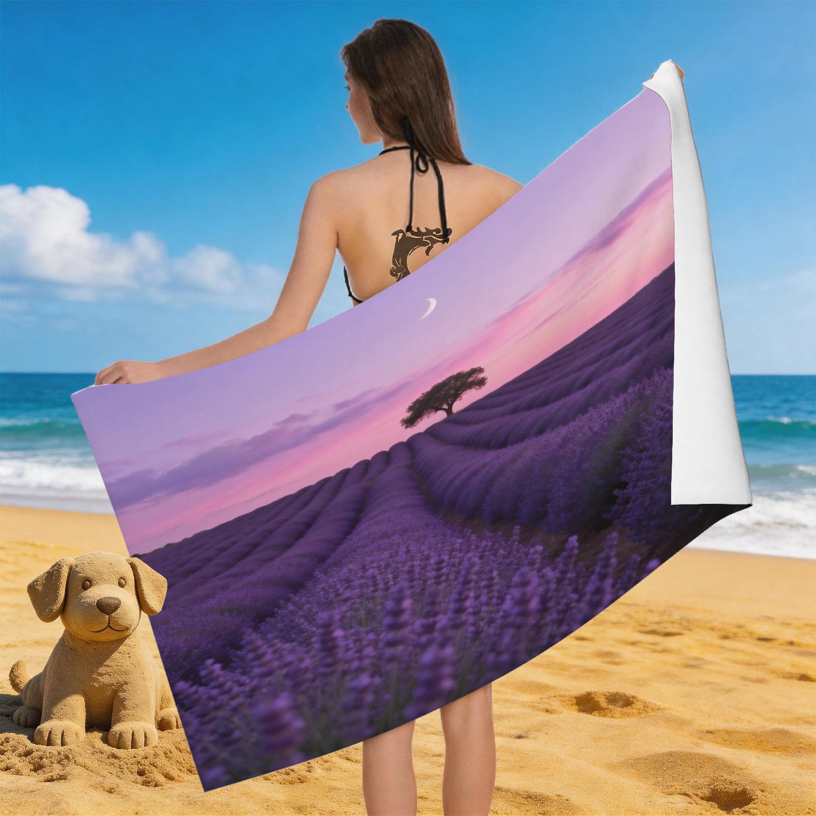 Leichong 3D Lavender Beach Towel Large Microfiber Soft Quick Dry for Adults, Natural Landscape Bath Towel Lightweight Soft Absorbent for Travel Swimming Pool Sports, 80 x 160 cm