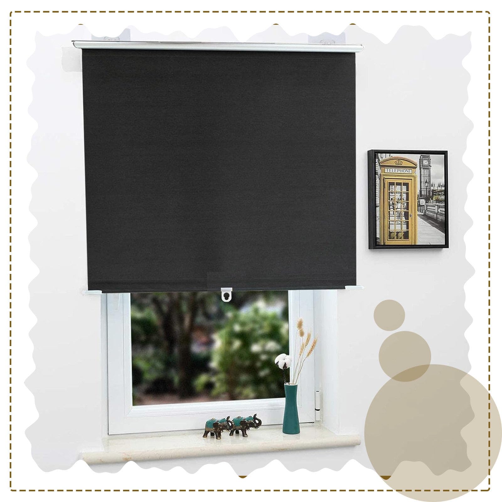 DECAKE Blackout Roller Blinds,Suction Cup Shades for Windows and Doors,Retractable Sunshade Blinds Home Office,Temporary No Drilling,Privacy Curtains,Black-30×125cm(11.8 * 49.2in)