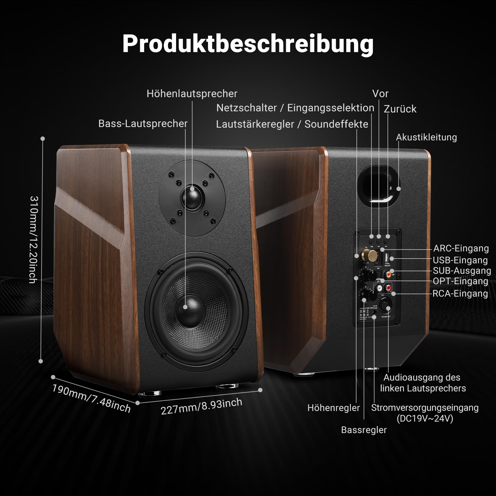AIYIMA S700 2.0 Aktive Regallautsprecher, 100W Studio Monitor mit 5.25" Woofer, Bluetooth 5.0, HDMI ARC, Optische, RCA, USB Eingänge, Subwoofer Ausgang, HiFi Bookshelf Lautsprecher für PC & Heimkino