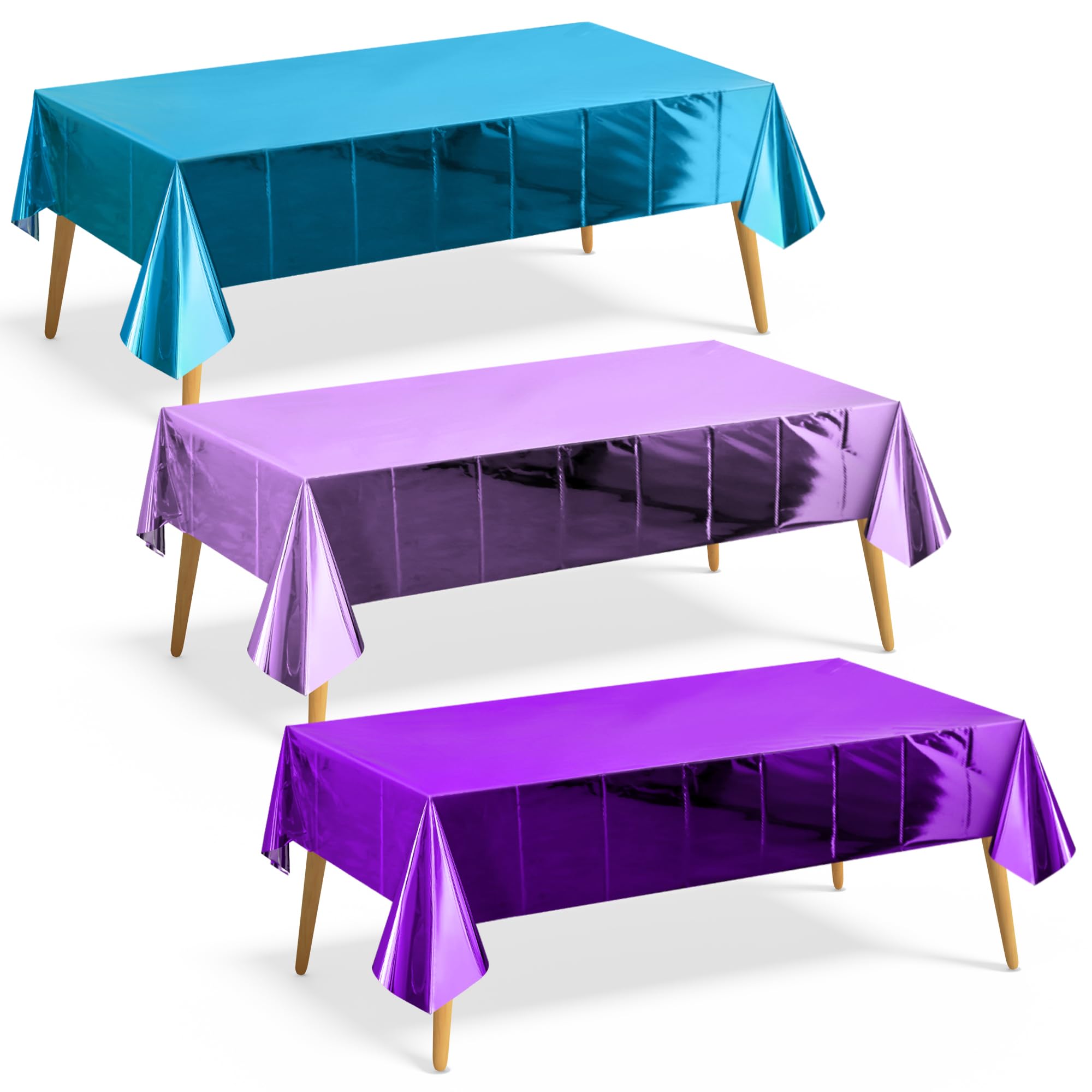 3 Pieces Lake Blue &amp; Dark Purple &amp; Light Purple Foil Tablecloth 54*72inch Plastic Birthday Party Table Cloths Disposable Waterproof Table Cover for Christmas Wedding Graduation Party Supplies