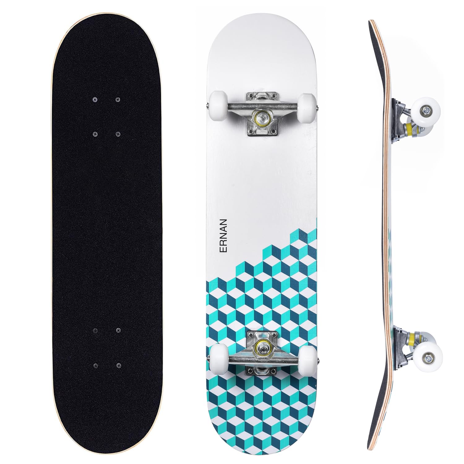 ERNAN Complete Skateboard for Beginners,31 x 8 Inch Double Kick Skateboard for Kids Teenagers & Adults. with Skate T-Tool. (White-B)