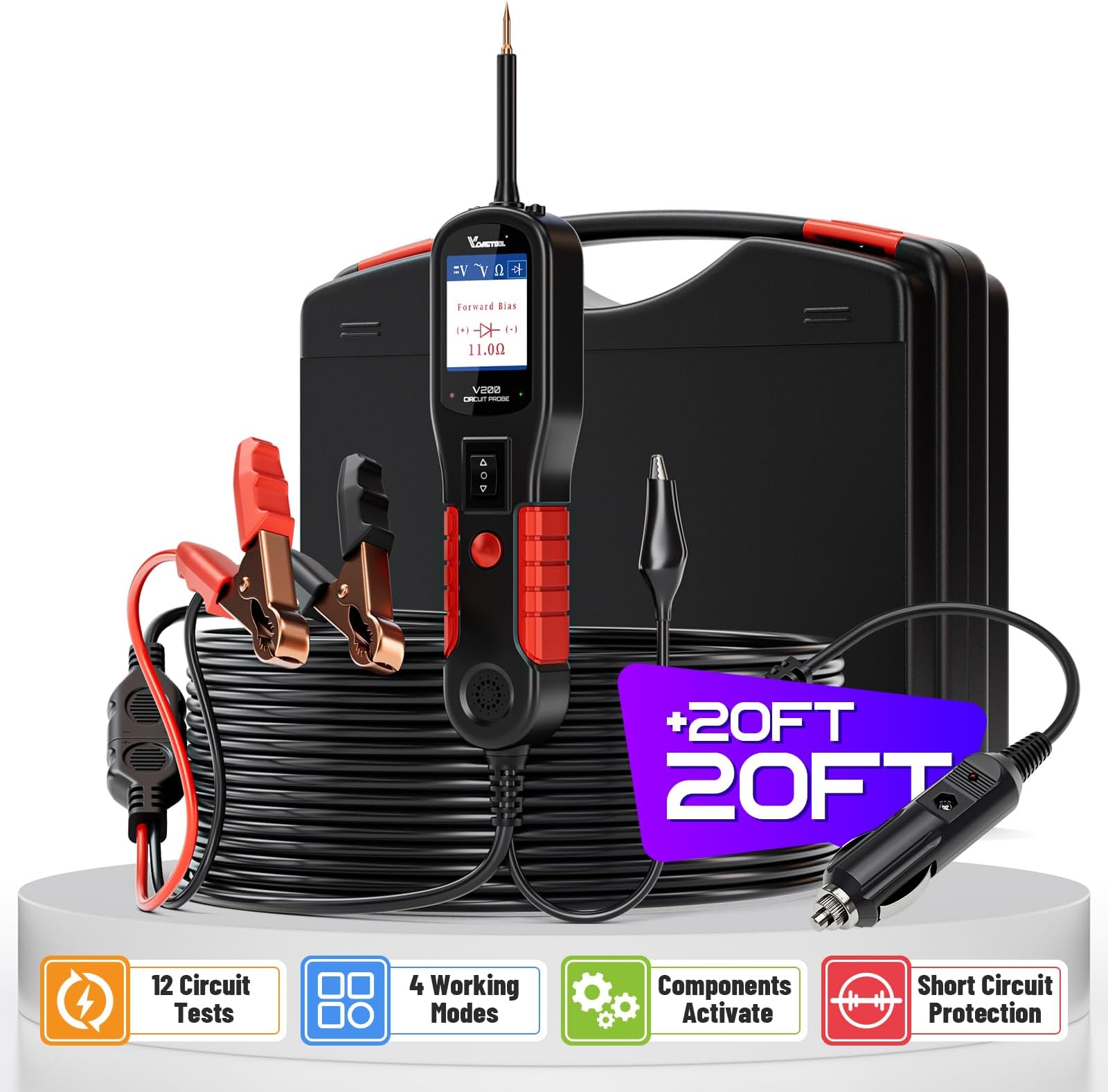 V200 Automotive Circuit Tester, Power Circuit Probe Tool, 12-24V Electrical Short Open Breaker Circuit Finder, AC/DC Current Resistance, Duty Cycle, & 20FT Extension Cord, for 99% Cars
