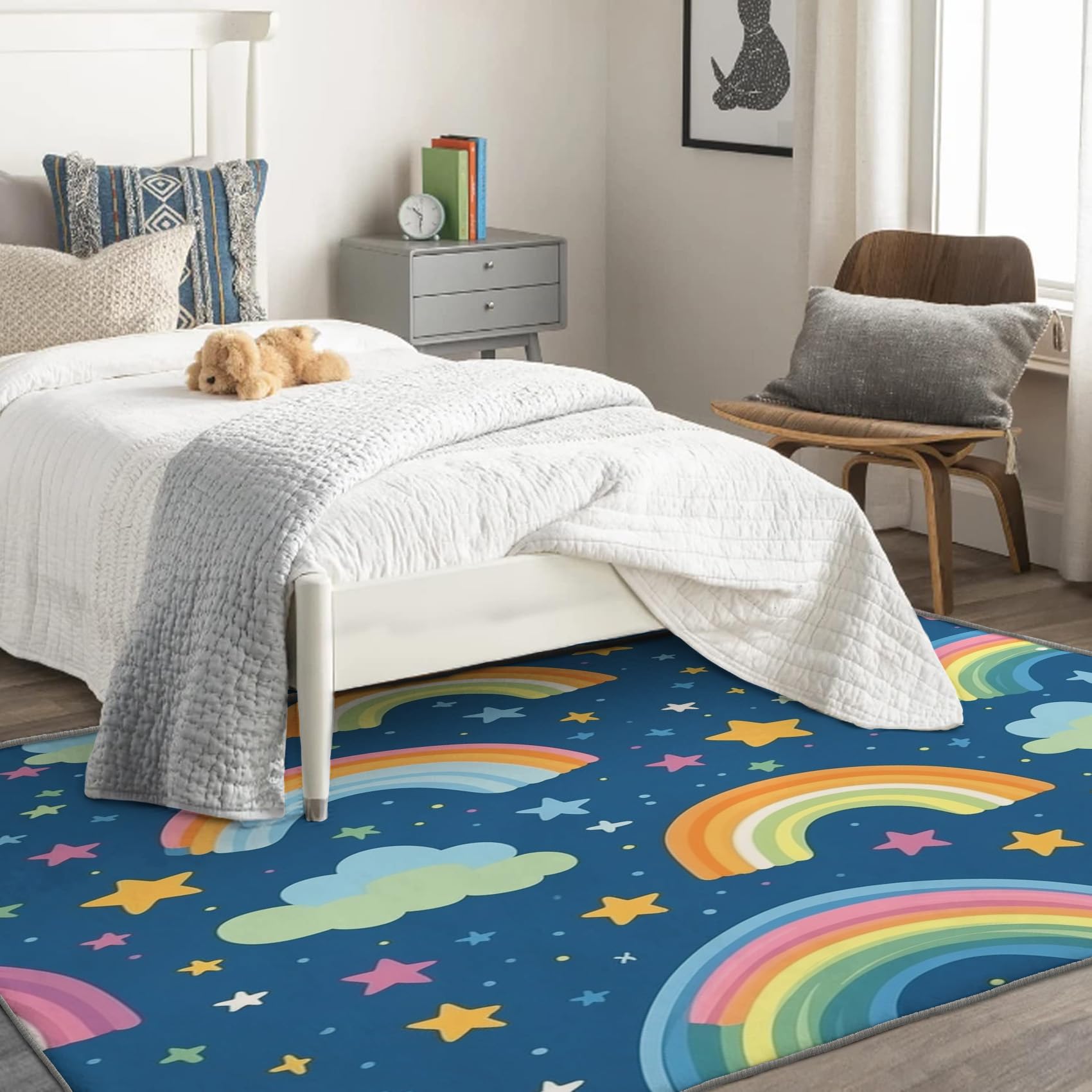 Kids Rainbow Starry Sky Rug, 6x9 Rug, Washable Rugs for Living Room Bedroom, Large Area Rug, Non Slip Soft Low Pile Indoor Carpet & Home Decor