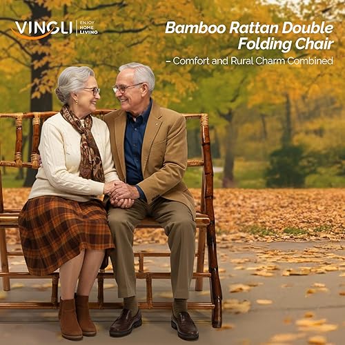 Miniatura 6 de VINGLI Sofá biplaza plegable de ratán de bambú, silla plegable de doble asiento hecho a mano, silla plegable portátil para patio, balcón, jardín