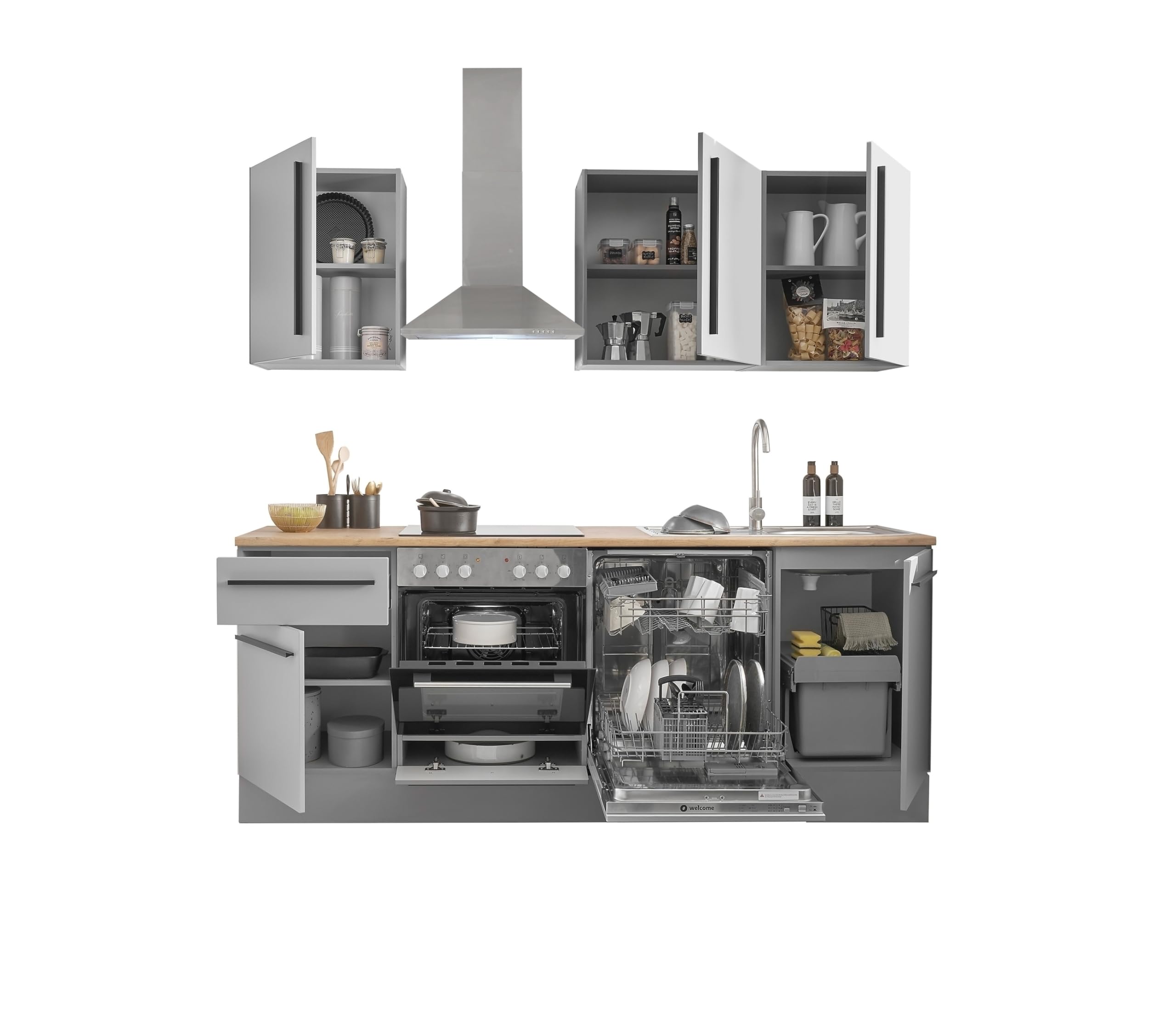 möbelando Küchenzeile Denver 220 cm – Moderne Kompaktküche mit Softclose, Arbeitsplatte Lancelot Eiche & Grau Matt Fronten – Ideal für kleine Wohnküchen