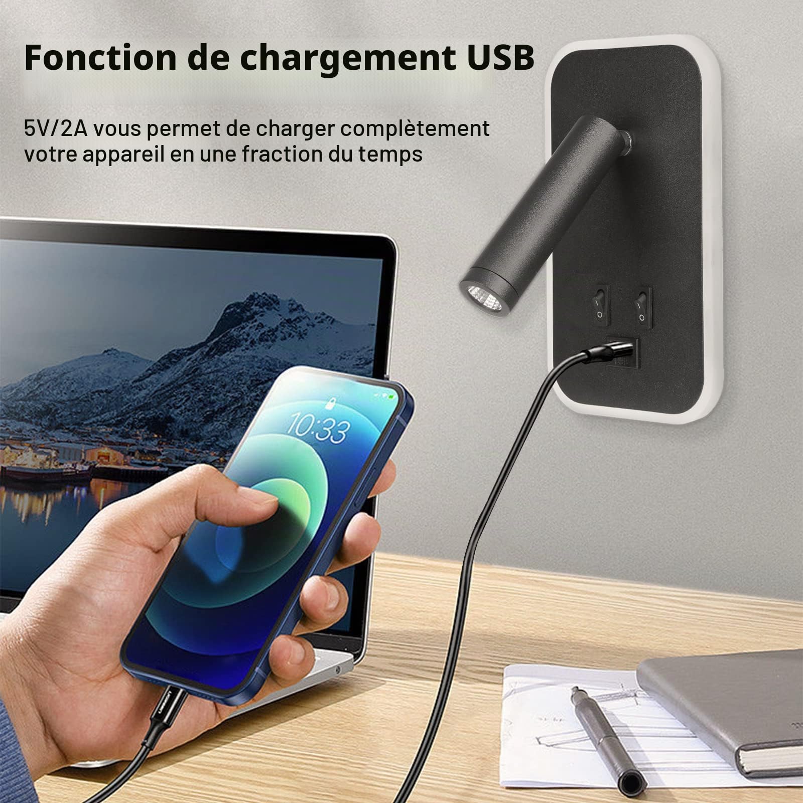 Liseuse de Chevet, 2PCS Applique Murale LED Chambre avec Interrupteur et Charge USB, 3W+9W 3000K Fixation Murale Spot Rotatif, Lumières Mural Lit Lampe Murale Couloir Hotel (Noir-2pcs)
