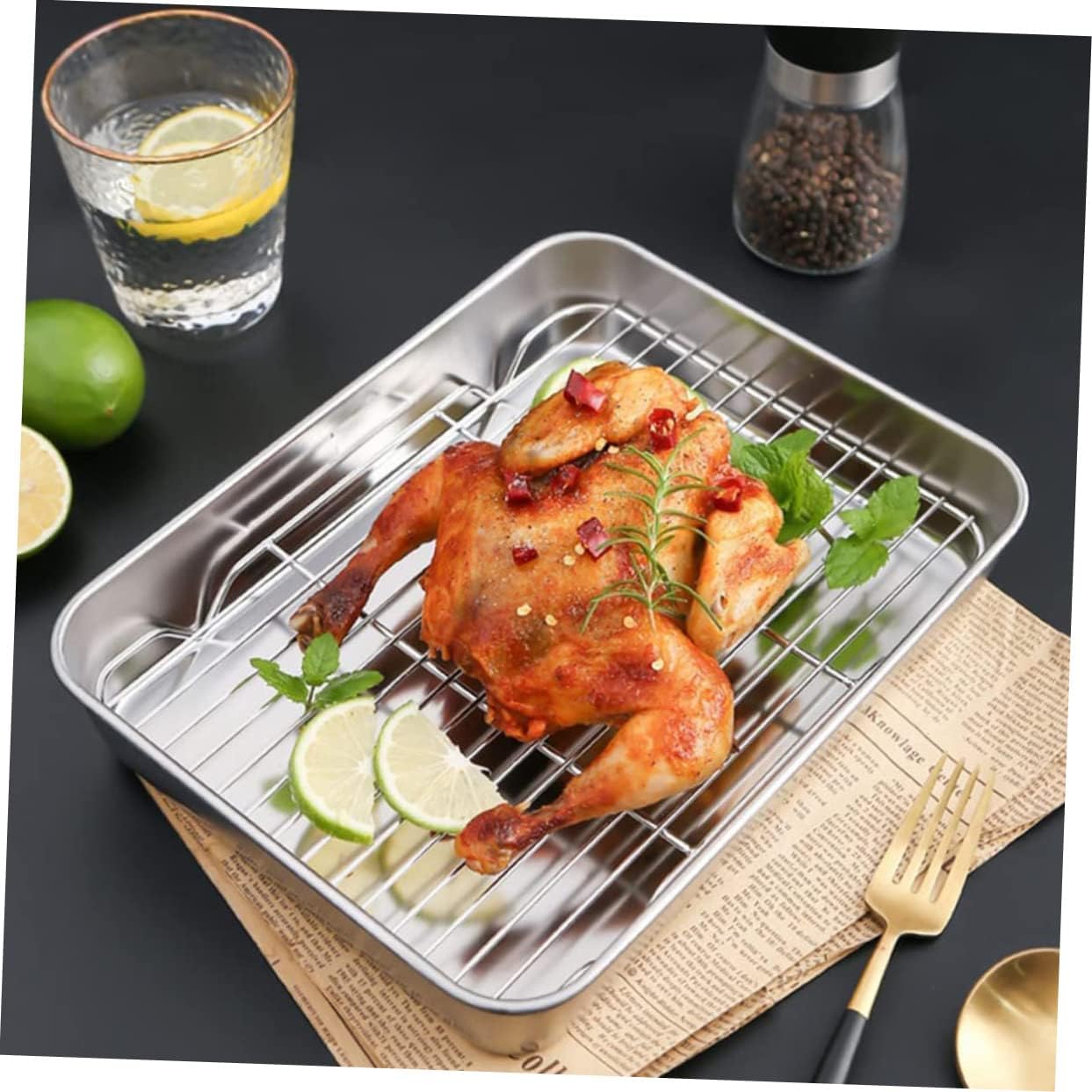 Cabilock 1set Multi-function Wear-resistant Baking Rack Nonstick Baking Pan and Wire Cooling Rack for Cookies Cakes and More Kitchen Bakeware