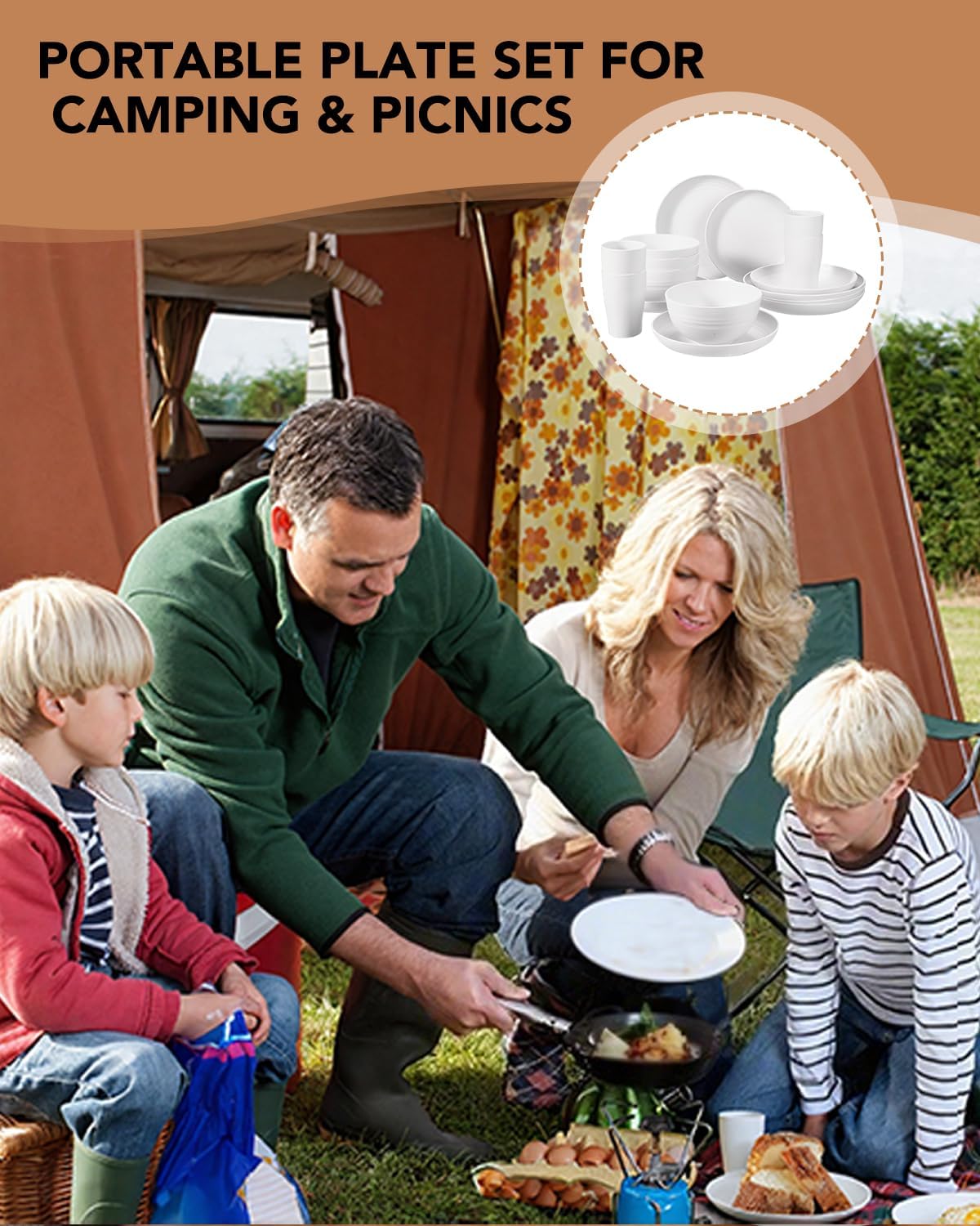 48 Piece Plates and Bowls Sets for 8- Unbreakable Wheat Straw Dinnerware Sets Includes Stainless Steel Forks for Picnic Camping Outdoor Kitchen and Apartment Dinning RV Essentials-White