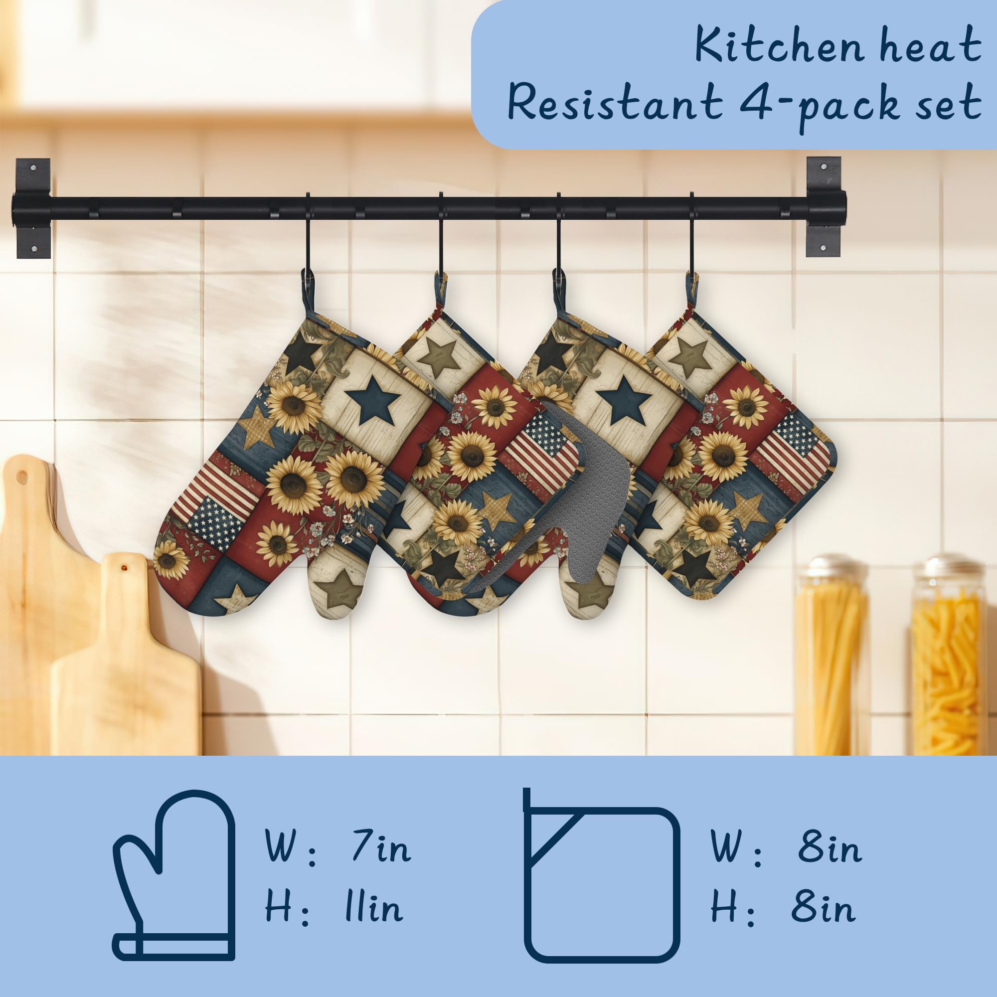 Juego de manoplas de cocina, juego de manoplas de horno y soportes para ollas, de algodón grueso, resistente al calor, bandera del 4 de julio, soporte para sartén caliente, guantes de cocina