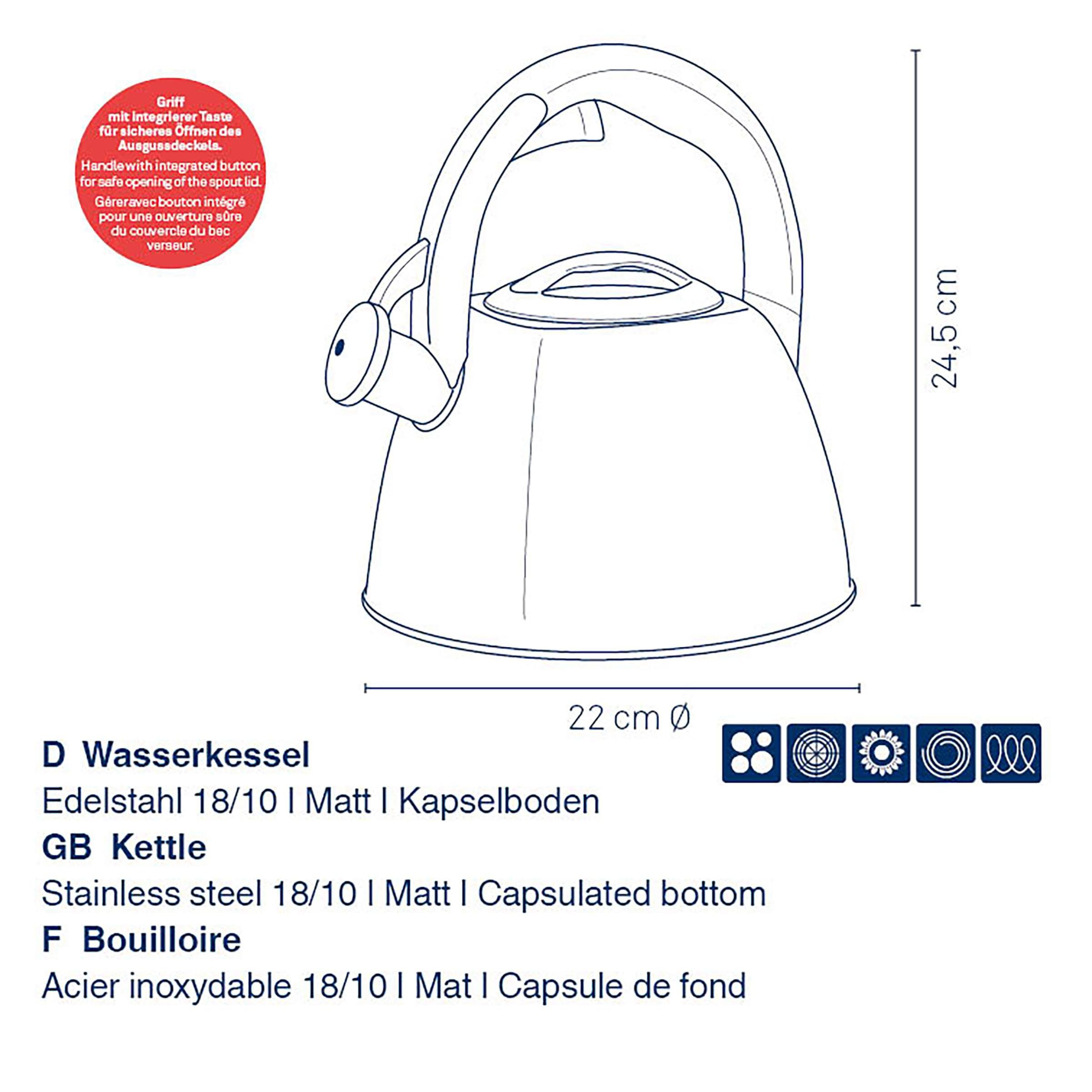 kela Bouilloire à induction 2,4L, Bouilloire à flûte en acier inoxydable, pour tous les types de cuisinières, avec ouverture sécurisée du couvercle verseur par bouton-poussoir, VITUS, noire mate