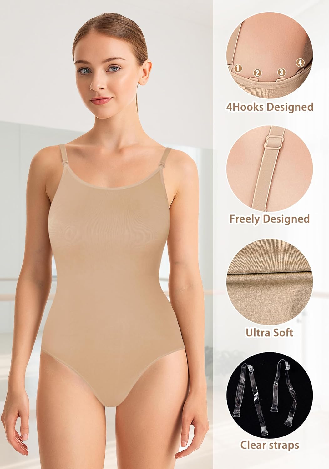 Nude Seamless Undergarment for Women Girls Ballet Dance Camisole Leotard with Adjustable Clear Straps - Image 3