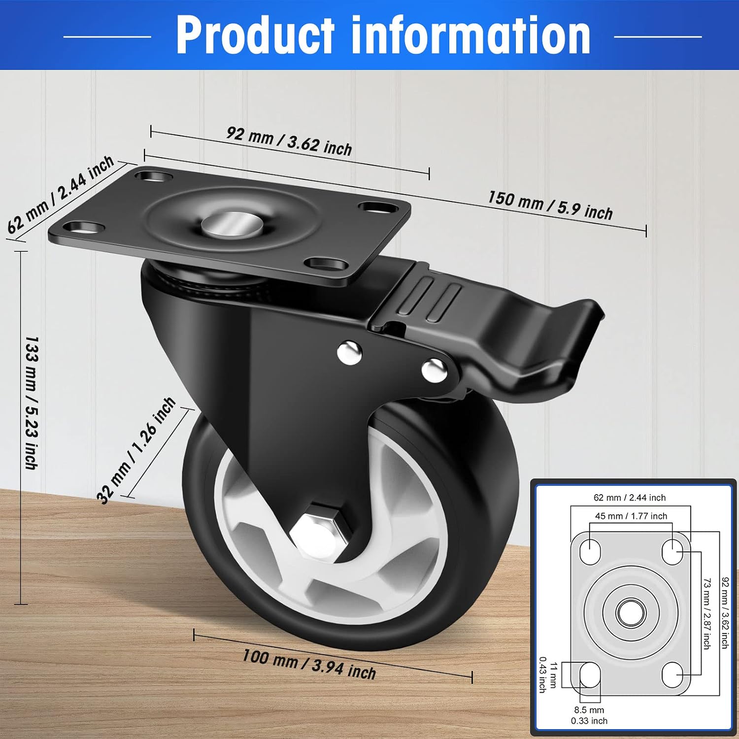 ASHGOOB 4" Caster Wheels Set of 8, Heavy Duty Casters with Brake, No Noise Locking Casters with Polyurethane (PU) Wheels, Swivel Plate Castors Pack of 8