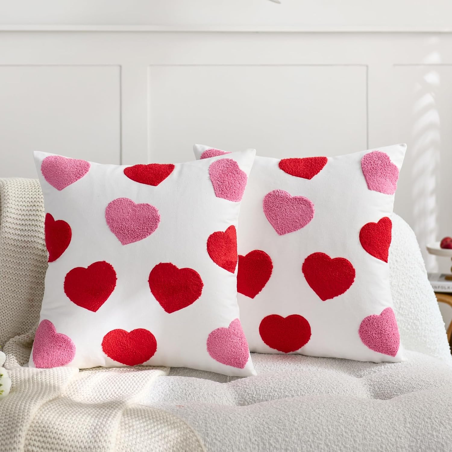 Valentines Day Pillow Covers 16 x 16 Inch Set of 2 Embroidery Heart Pattern Valentine Wedding Decorative Throw Pillow Cover Couch Bedroom Outdoor Indoor Sofa Valentines Decor White Pink Pink Red 16" x 16" (Pack of 2)