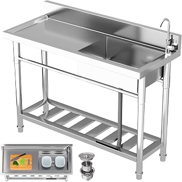 Outdoor Utility Sink, Free Standing Stainless Steel Single Bowl Portable Washing Hand Basin Sink Station with Hot and Cold Water Plumbing Cleaning Table & Storage Shelves for Laundry Garage Kitchen
