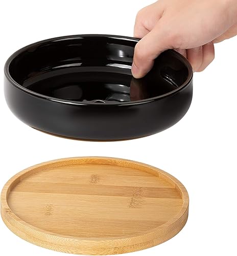 Miniatura 3 de Paquete de 2 macetas de 6 pulgadas, maceta de cerámica negra para suculentas con bandeja de bambú y orificio de drenaje para plantas de interior