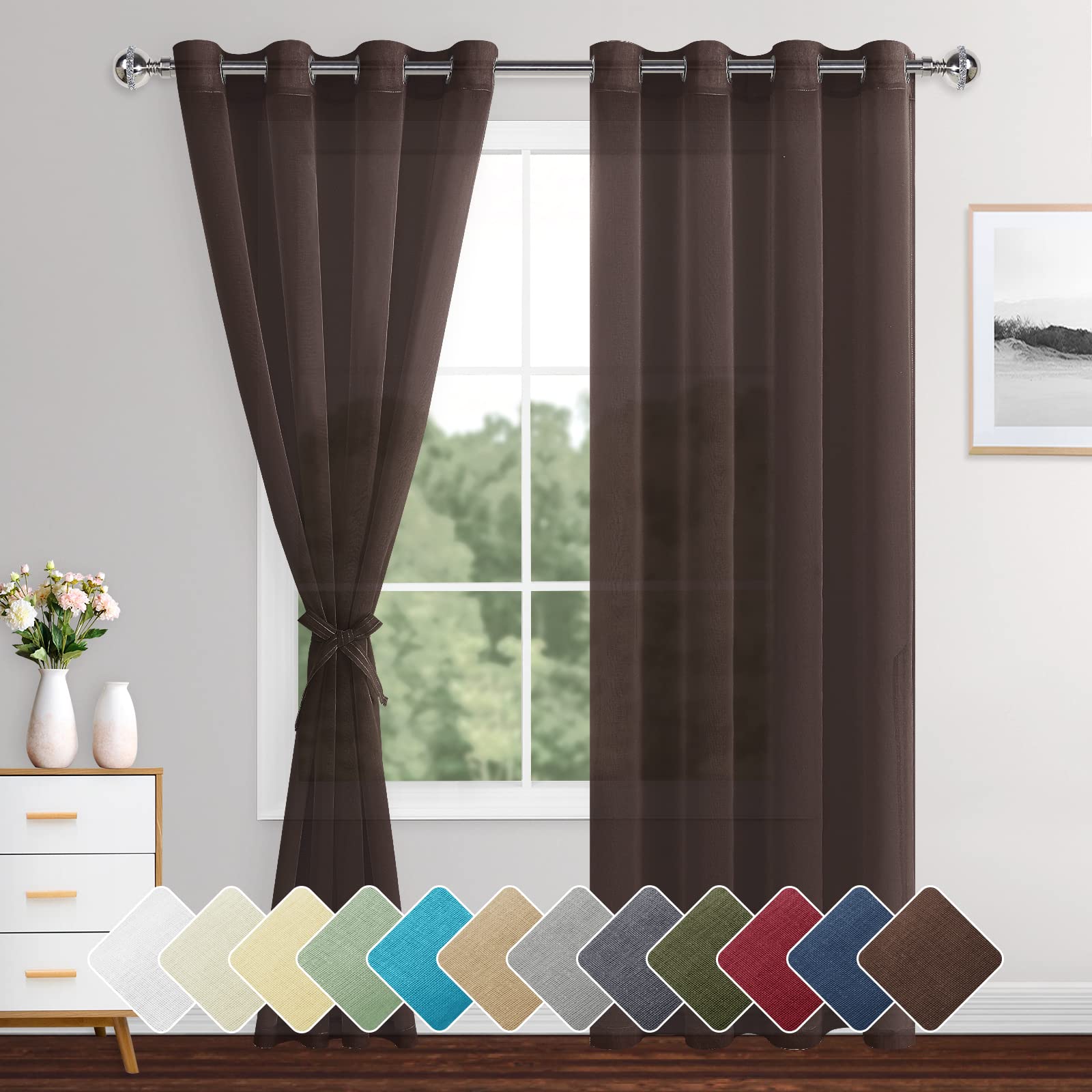 XWZO Sheer Curtains 84 Inches Long for Bedroom, Light Filtering, Faux Linen Grommet Window Curtains with Tiebacks for Living Room, Study, Farmhouse, Brown, Set of 2 Panels, 52 x 84 Inches Long