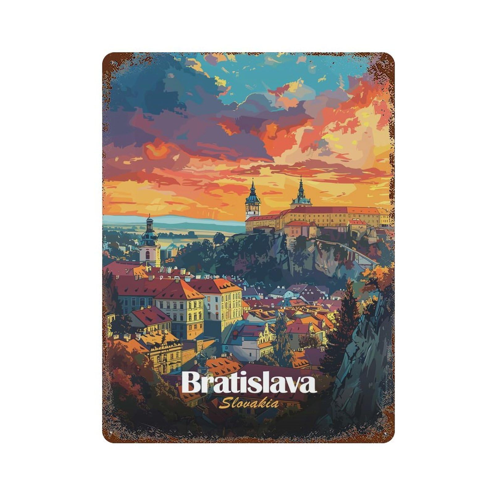 Rust Effect Bratislava Cityscape Sunset Retro Metal Sign 15.7"x11.8", Classic Wall Plaque for Cafe, Home Bar And Lounge Decor