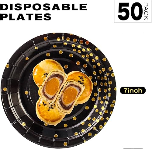 Miniatura 2 de Paquete de 50 platos de papel negros y dorados, 7 pulgadas, metálicos con lunares de papel de aluminio, desechables, platos de postre para fiestas,