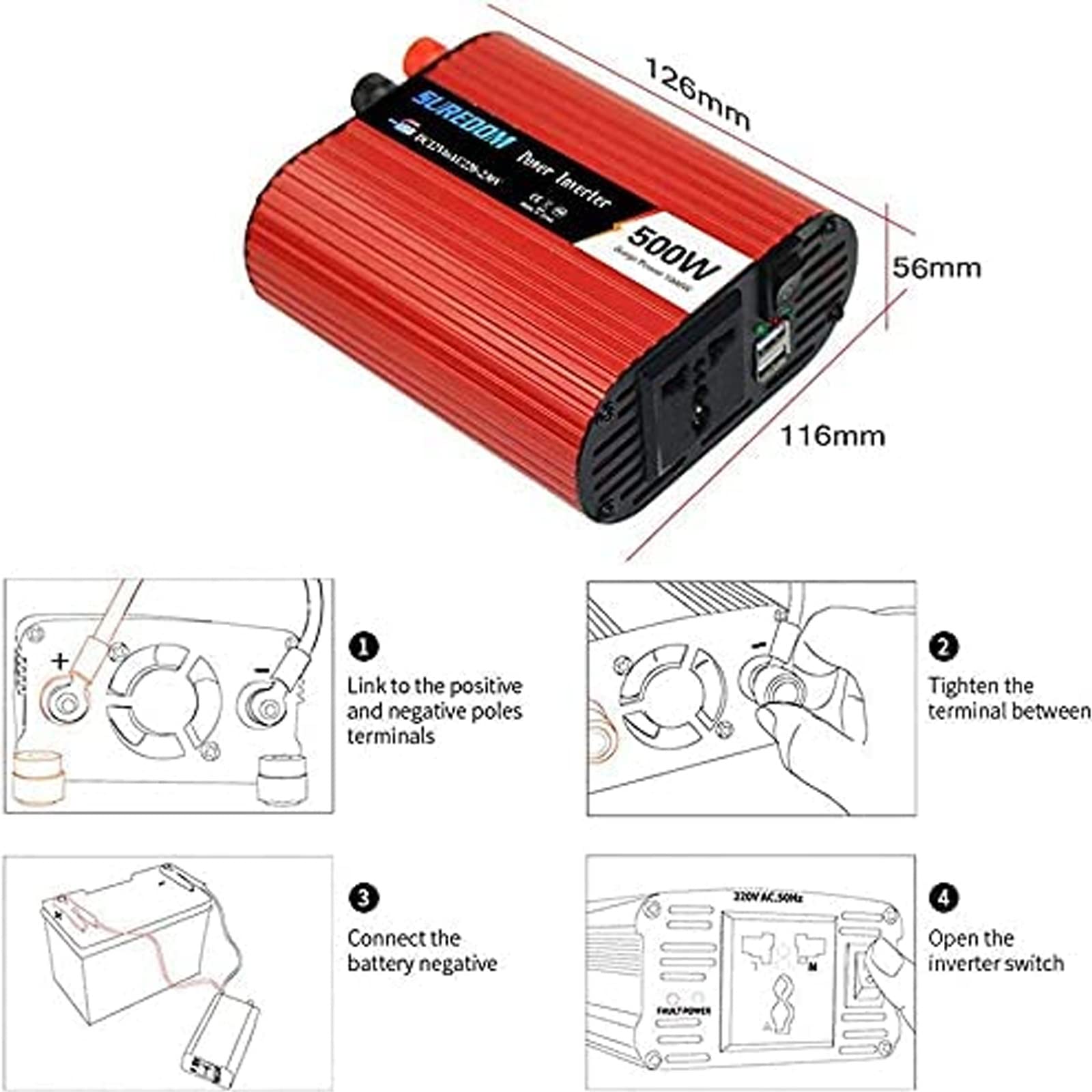 Inversor de Conversor de Onda Sinusoidal Pura 500W 1000W 1500W 2000W Convertidor DC 12V/24V a AC 220V 230V con Mando a Distancia con Toma de AC & 2.4A Puerto USB (24V,500W)