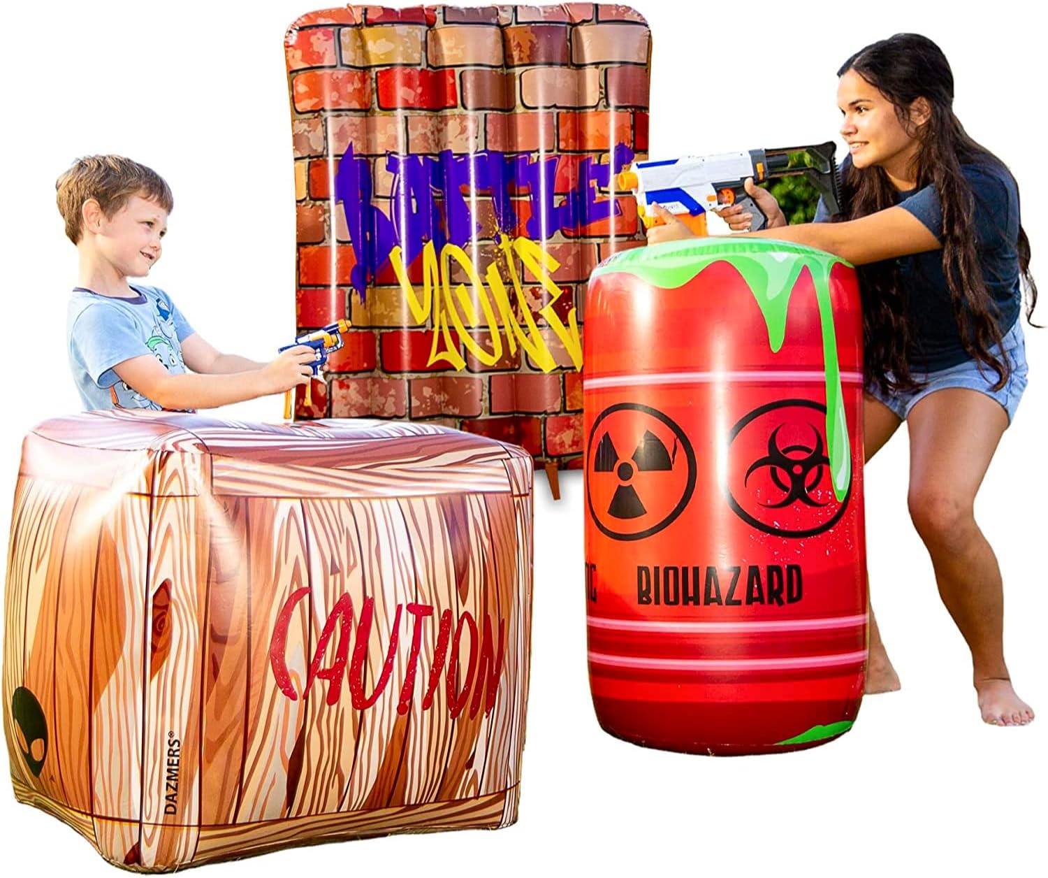 Dazmers Inflatable Battle Obstacles Set - Inflatable Bunker Fort - 3 Inflatable Barriers - Barrel, Container Box and Wall - Laser Tag, Paintball, Dart Blaster, Water and Airsoft Guns