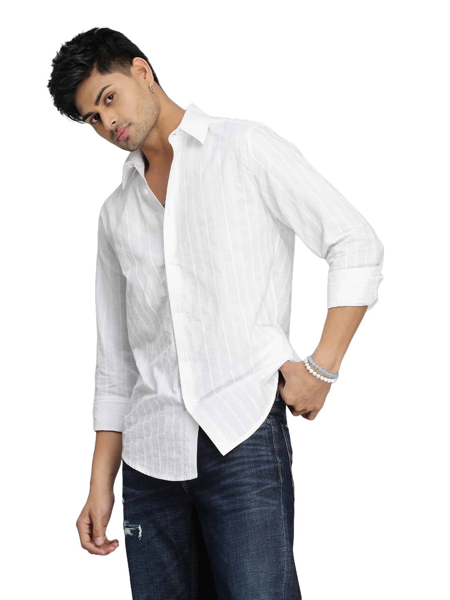 ROOKIES Men’s Striped Cotton Shirt - Regular Fit, Curved Hem(RJS2755) White-picture-10