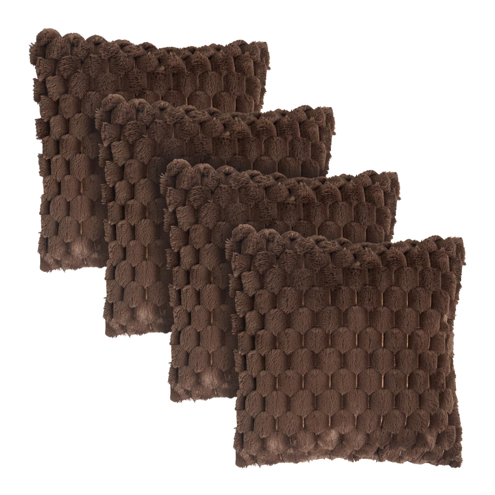OHS Cushion Covers 45 x 45 Set of 4 Waffle Faux Fur Square Throw Pillow Cover Soft Decorative Cushion Covers with Invisible Zipper for Sofa Living Room Bedroom, Chocolate