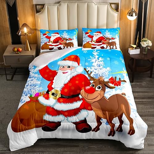 Erosebridal Juego de edredón de Feliz Navidad, juego de edredón de Papá Noel para habitación de niños y niñas, edredón acolchado de ciervos y alces