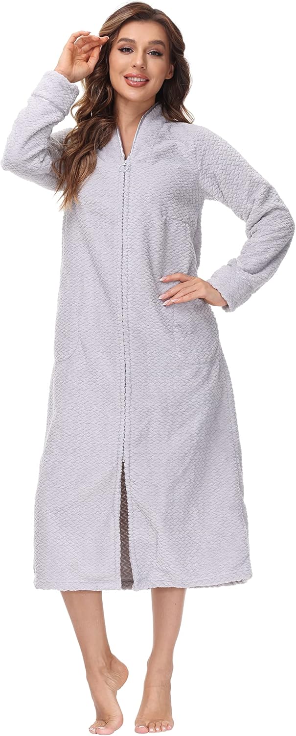 INK+IVY Embossed Plush Front Zipper Robe for Women - Full-Length Housecoat - Ladies Bathrobe Loungewear with Pocket, Collar & Cuff, Quiet Gray, XS - Image 2