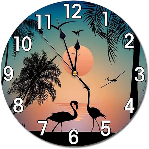 Flamingos Walk on the Sea Beach - Reloj de pared con pilas, reloj redondo silencioso para decoración de pared para el hogar, oficina, escuela, 12