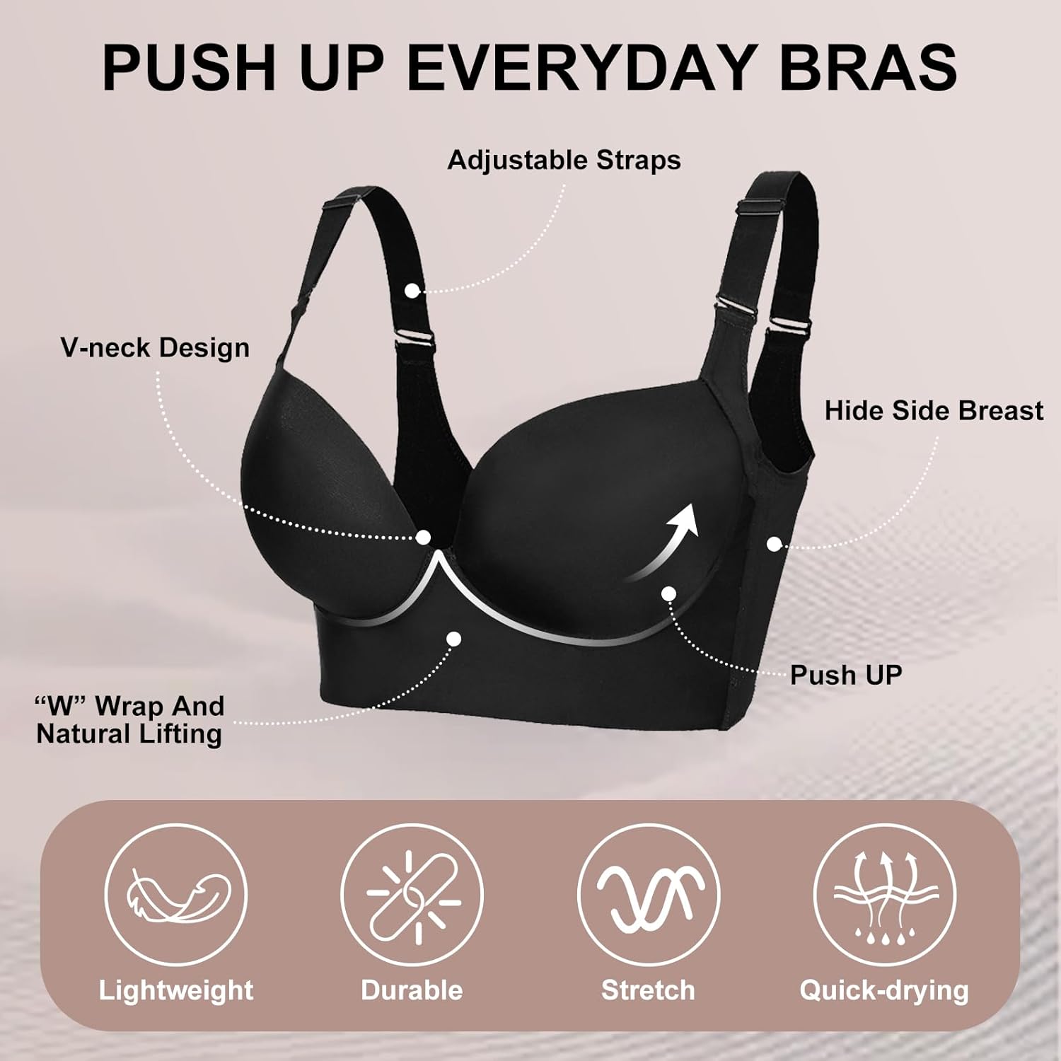 Push Up Bra for Women, Full Back Coverage Bras Deep Cup Hide Back Fat Smoothing Seamless Underwire T-Shirt Bras - Image 6