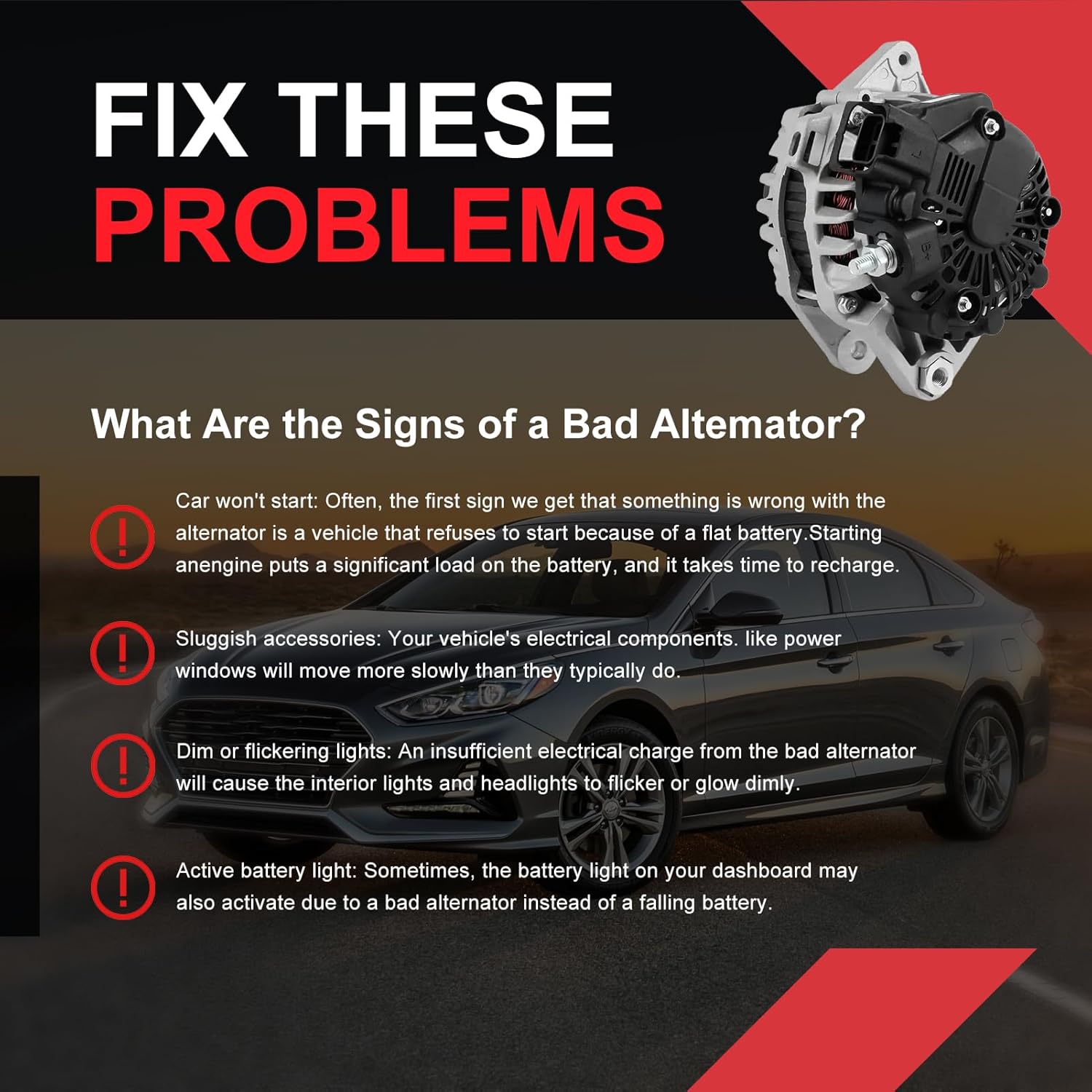 37300-2G800 New Alternator 12V 150A Fit for Kia Optima 2.4L 2013-2016, Hyundai Santa Fe 2.4L Kia Sorento 2.4L Replace 37300-2G850 37300-2G855