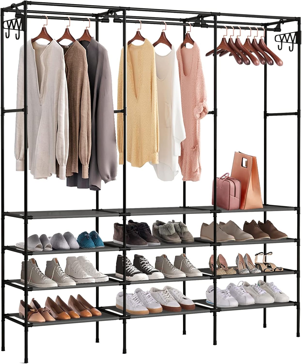 Kertnic 4-Tier Shoe, Boots Rack Storage Organizer for Entryway, Free Standing Black Versatile Shoe Shelf Stand with Coat Hanging Garment Rack for Bedroom 3x4 layer