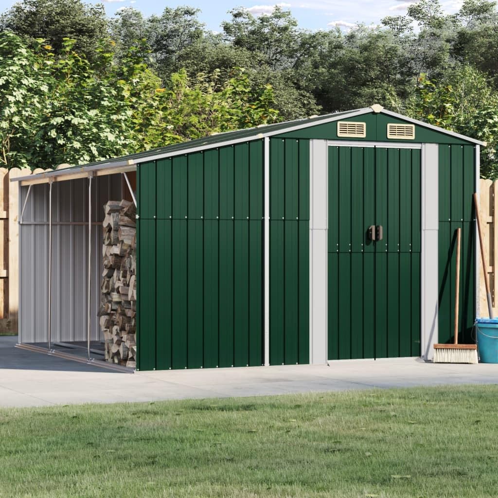 Cobertizo de jardín de metal de acero galvanizado con techo inclinado, almacenamiento exterior para leña y carbón, 277 x 93 x 179 cm, duradero y resistente a la intemperie.