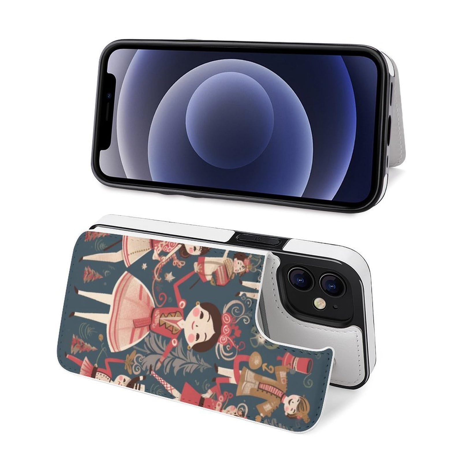 Fundas tipo cartera para iPhone 12, funda de piel con ranuras para tarjetas para mujer, cascanueces, ballet, danza, dibujos animados, estampado de dibujos animados