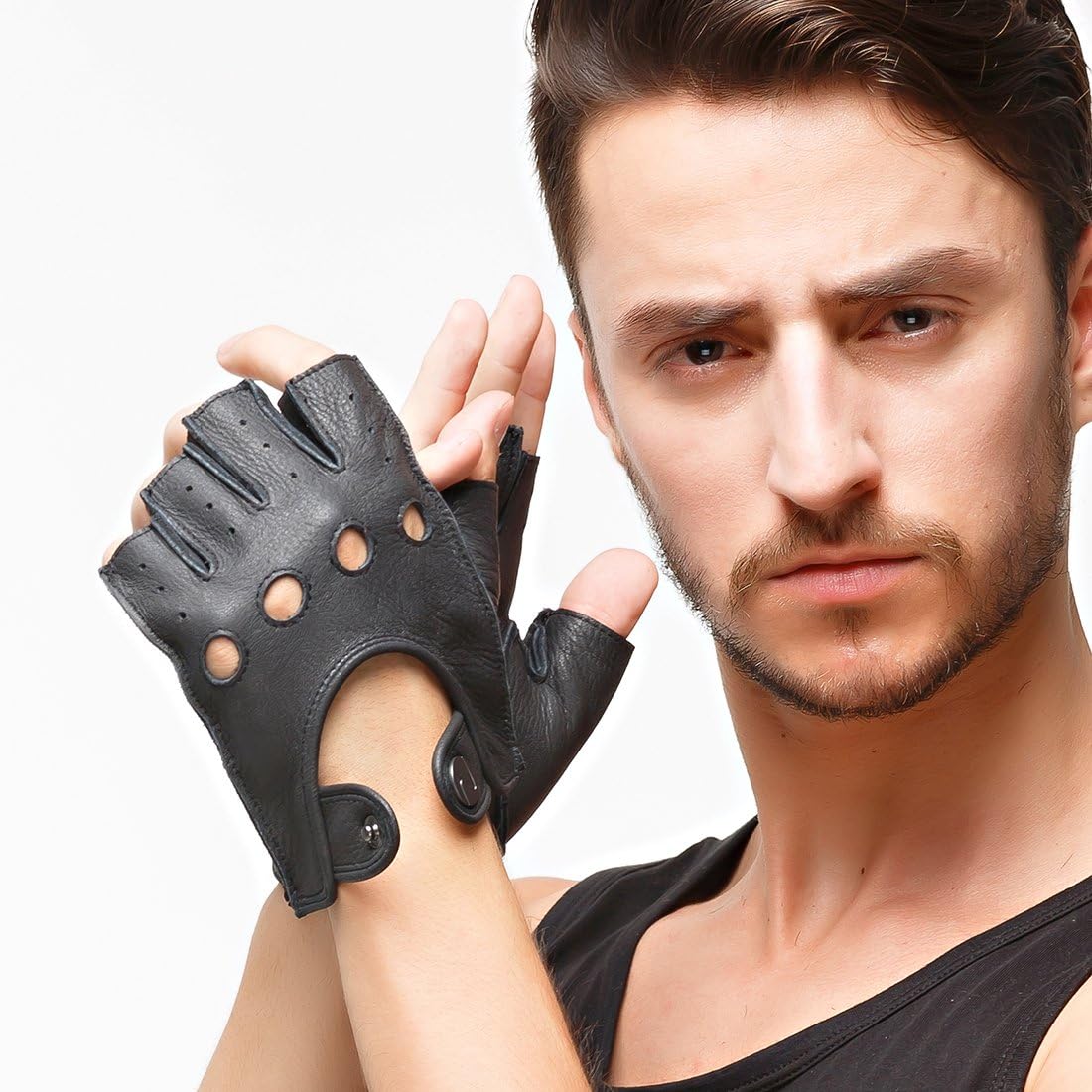 Nappaglo Men's Deerskin Fingerless Gloves Half Finger Leather Driving Motorcycle Cycling Riding Unlined Gloves