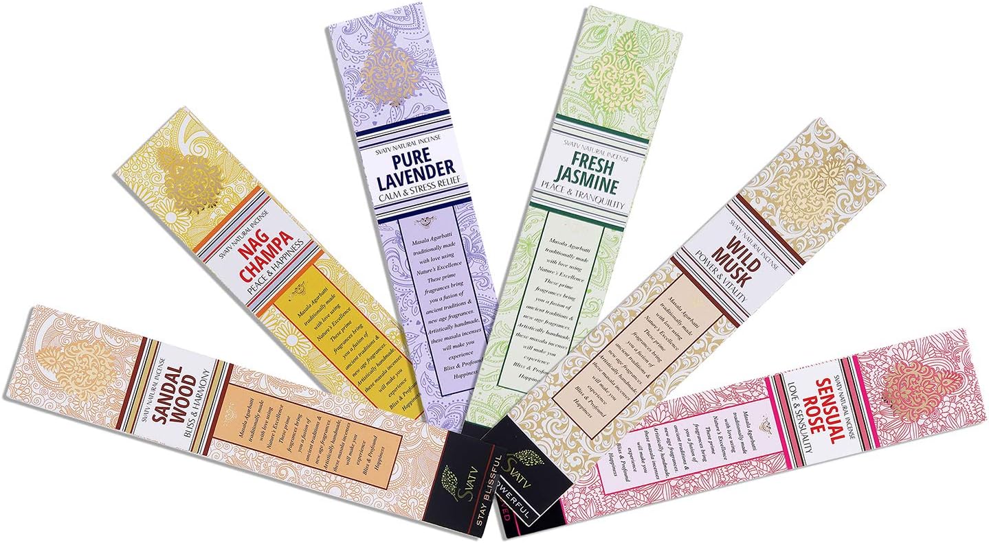 SVATV Incense Stick with Pack of 6 Incense (Nagchampa, Sandalwood, Lavender, Rose, Musk, Jasmine) for Meditation, Yoga, Spiritual - 15g x 06 incense | 90g | 3.17oz