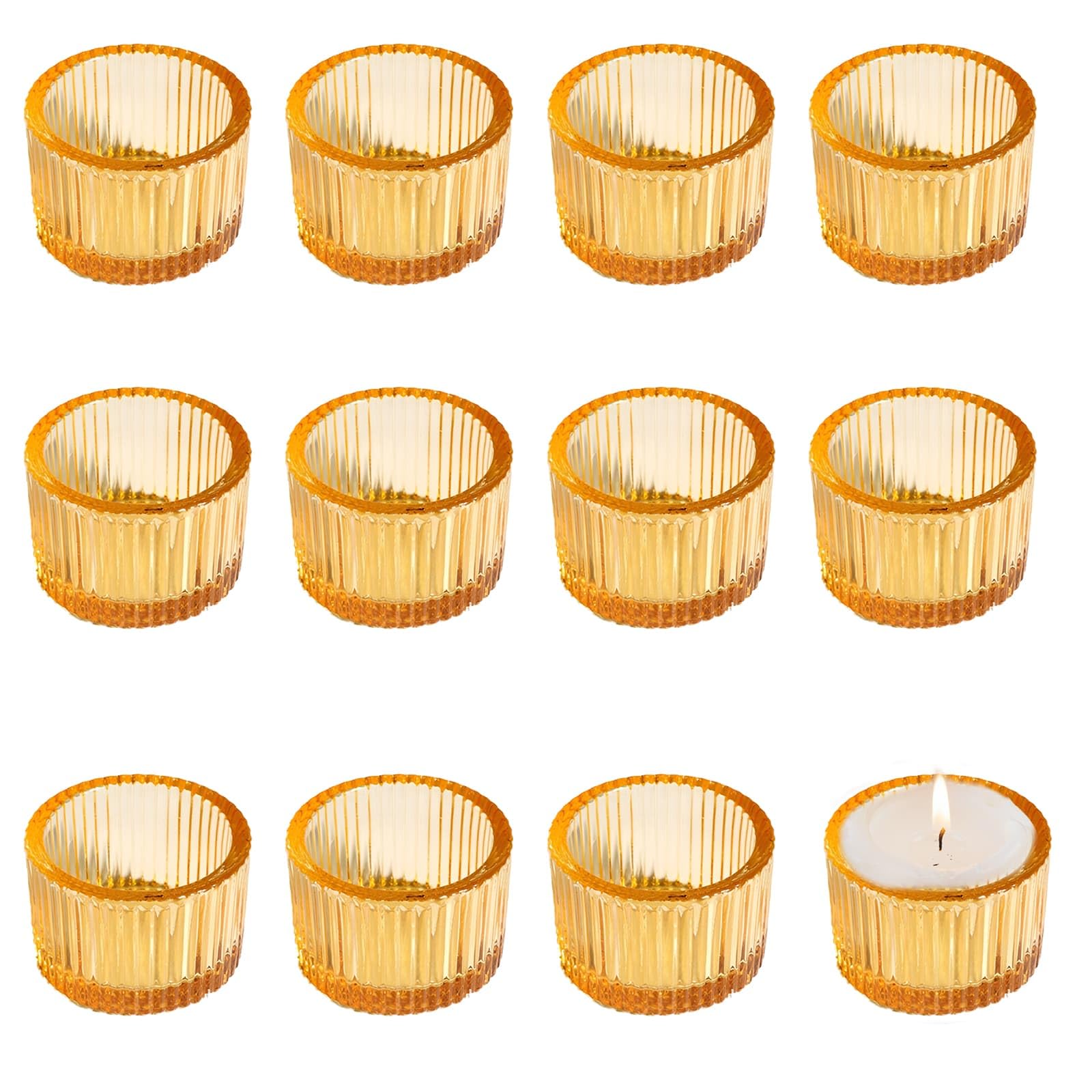 12 of Clear Tea Light Candle Holders, 2" x 1.4" Mini Ribbed Tealight Holder, Candles & Holders, for Wedding Candle, Christmas Home Decor, Birthday Party(Gold Tone)