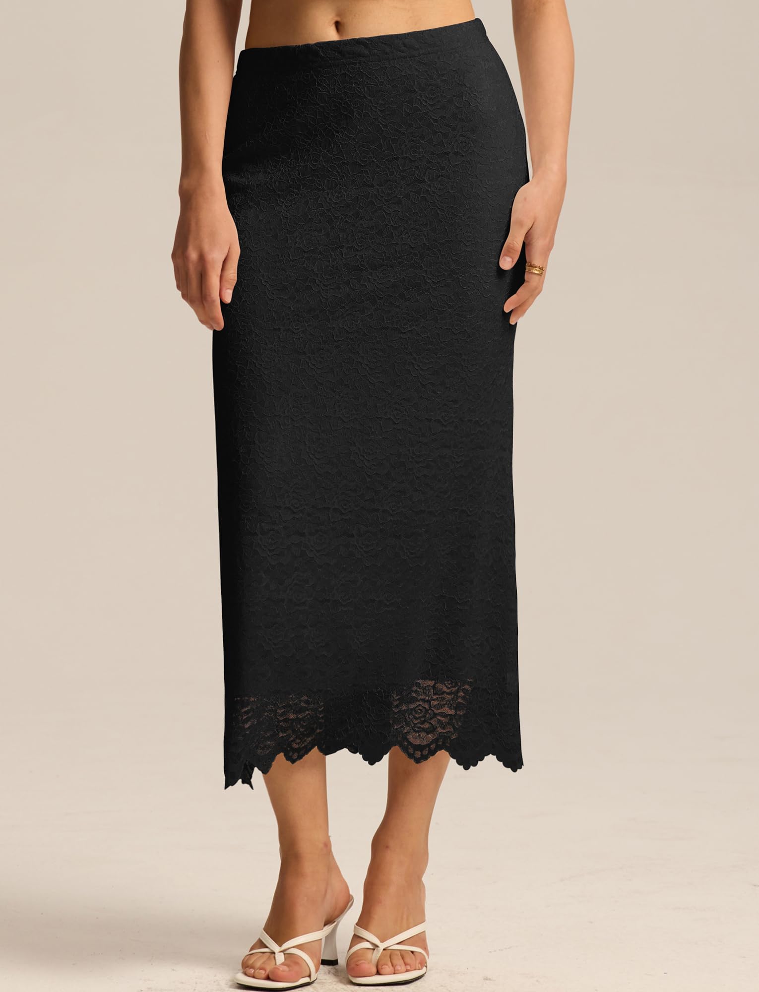 FEOYA Jupe Femme en Dentelle Élégante Coupe Bodycon Droite Jupe Longue Décontractée Elastique Taille Midi Jupes