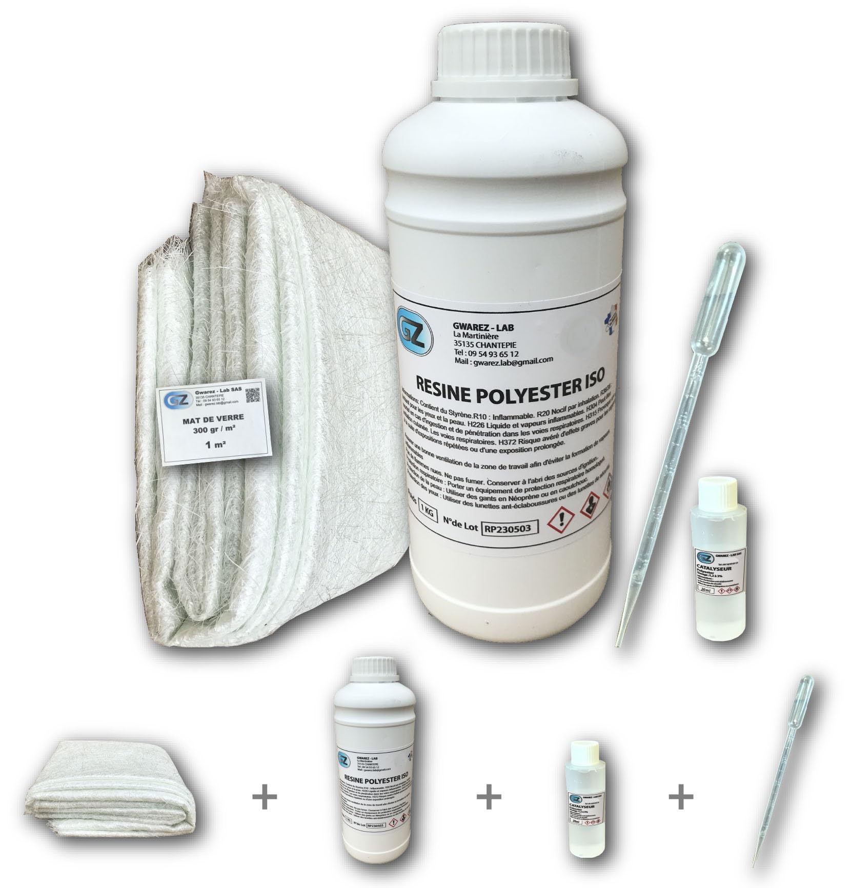 Résine Polyester iso 1 Kg + 1 m² tissu de verre 300 gr/m² + Catalyseur + Pipette de dosage