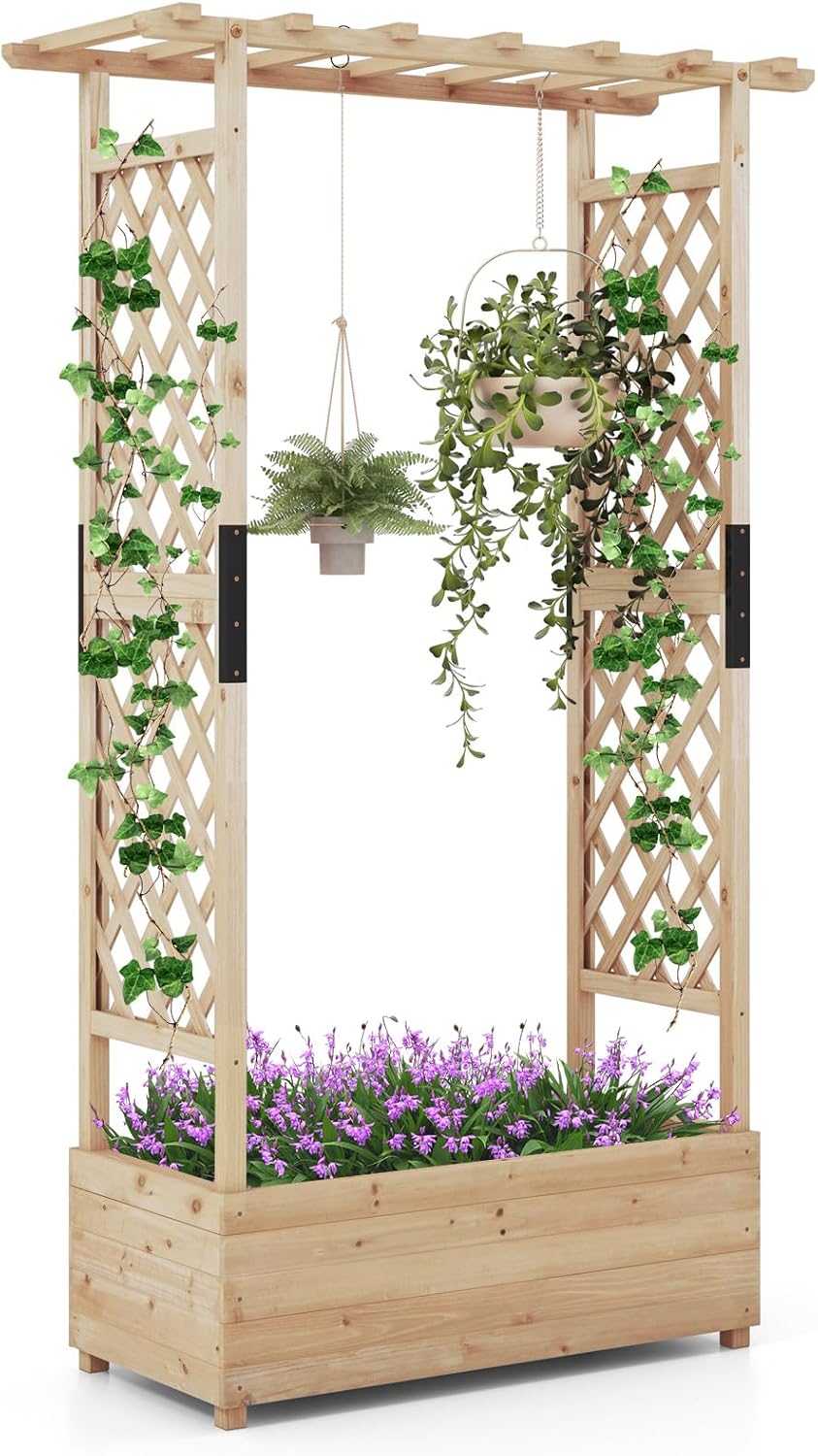 TANGZON Raised Garden Bed with Arch Trellis, Freestanding Ground Garden Planter Box, Outdoor Vertical Trough Planter Container for Vine Climbing Plant Flower Herb (Natural, 110 x 44 x 180 cm)