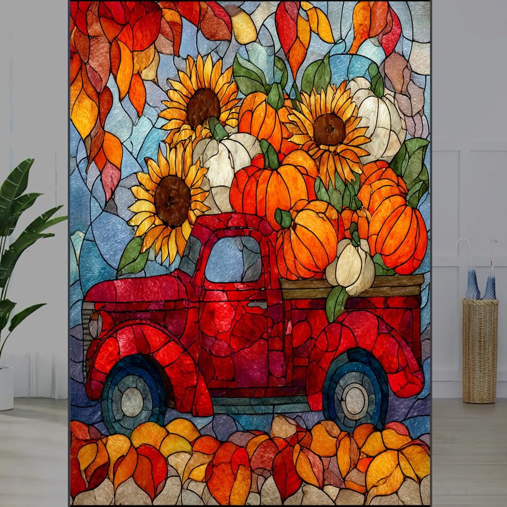 FOCCAFB Red Retro Truck Privacy Window Film, Sunflowers Pumpkins Autumn Leaves Frosted Self-Adhesive Vinyl Cling for Glass Doors Bathroom Windows Sun Blocking Heat Control, （55x120cm）