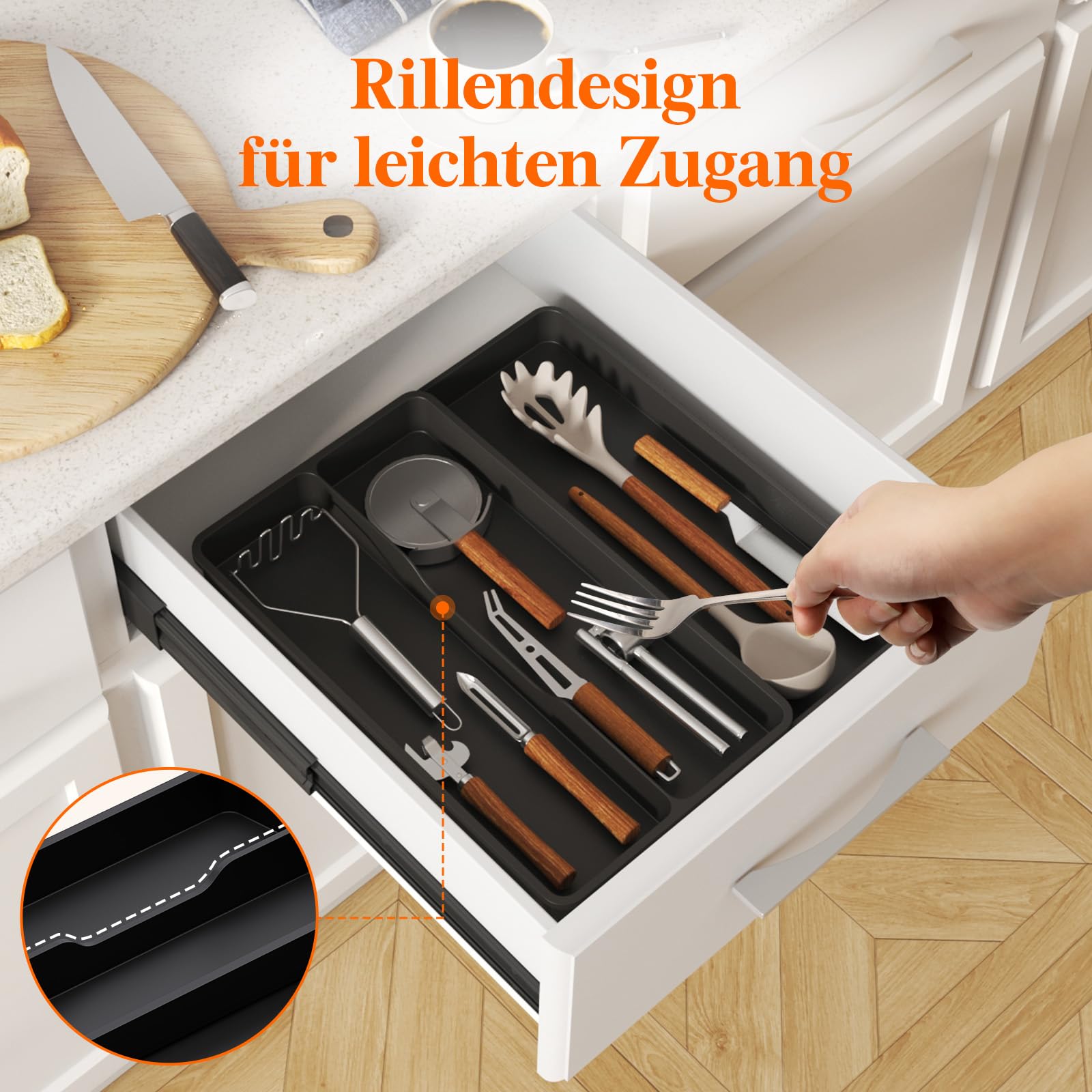 Lifewit Besteckkasten für Schubladen, Küchenutensilienhalter erweiterbar auf 36,5 cm, Schmale Schubladen Organizer Küche Tiefe 40 cm, Kunststoff Utensilienständer für Spatel/Messer/Löffel, Schwarz