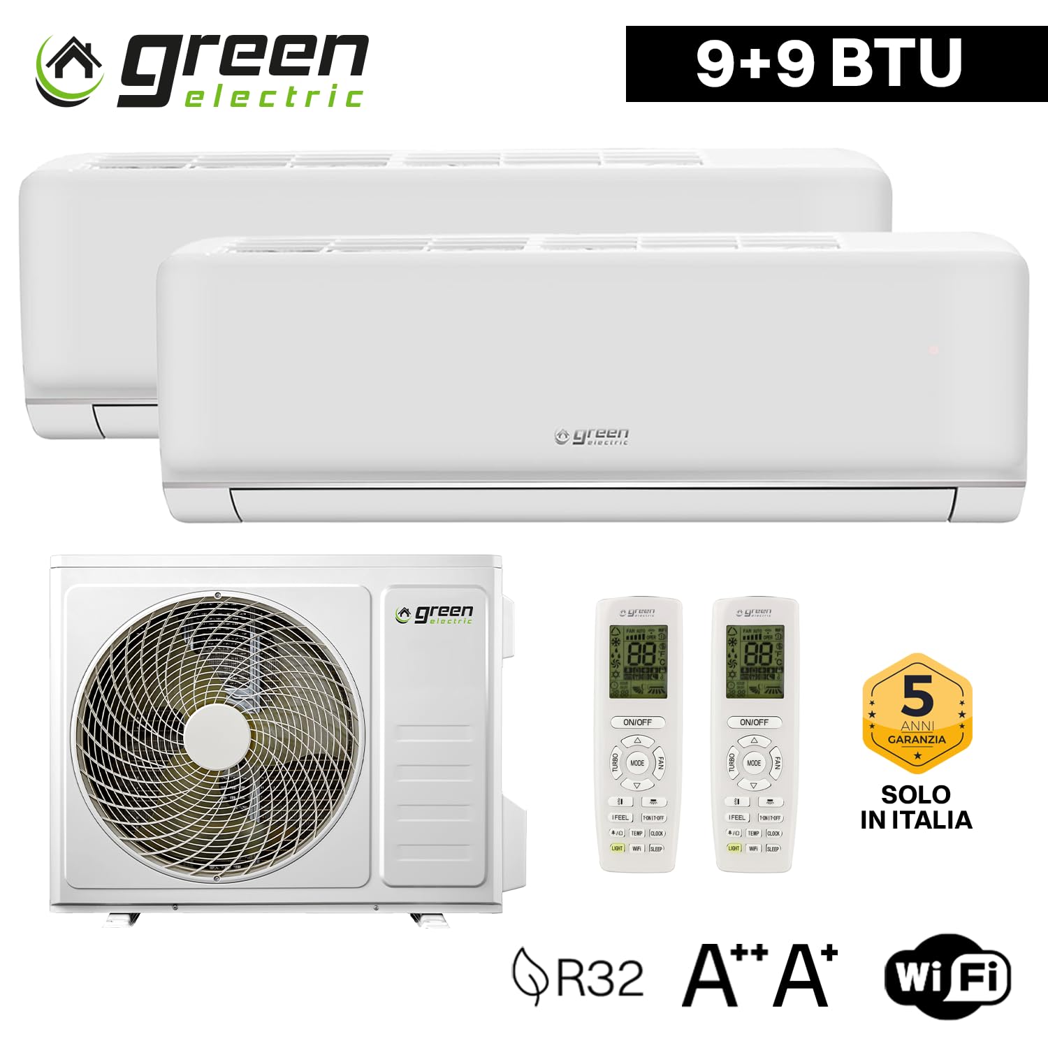 Klimaanlage Dual Split 9000+9000 BTU Wi-Fi R32 A++/A+ Zwei Inneneinheiten Außeneinheit