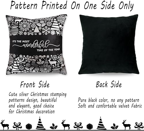 Miniatura 4 de JOJOGOGO Juego de 4 fundas de almohada navideñas negras y plateadas de 16 x 16 pulgadas, decoración navideña plateada y negra, copos de nieve,